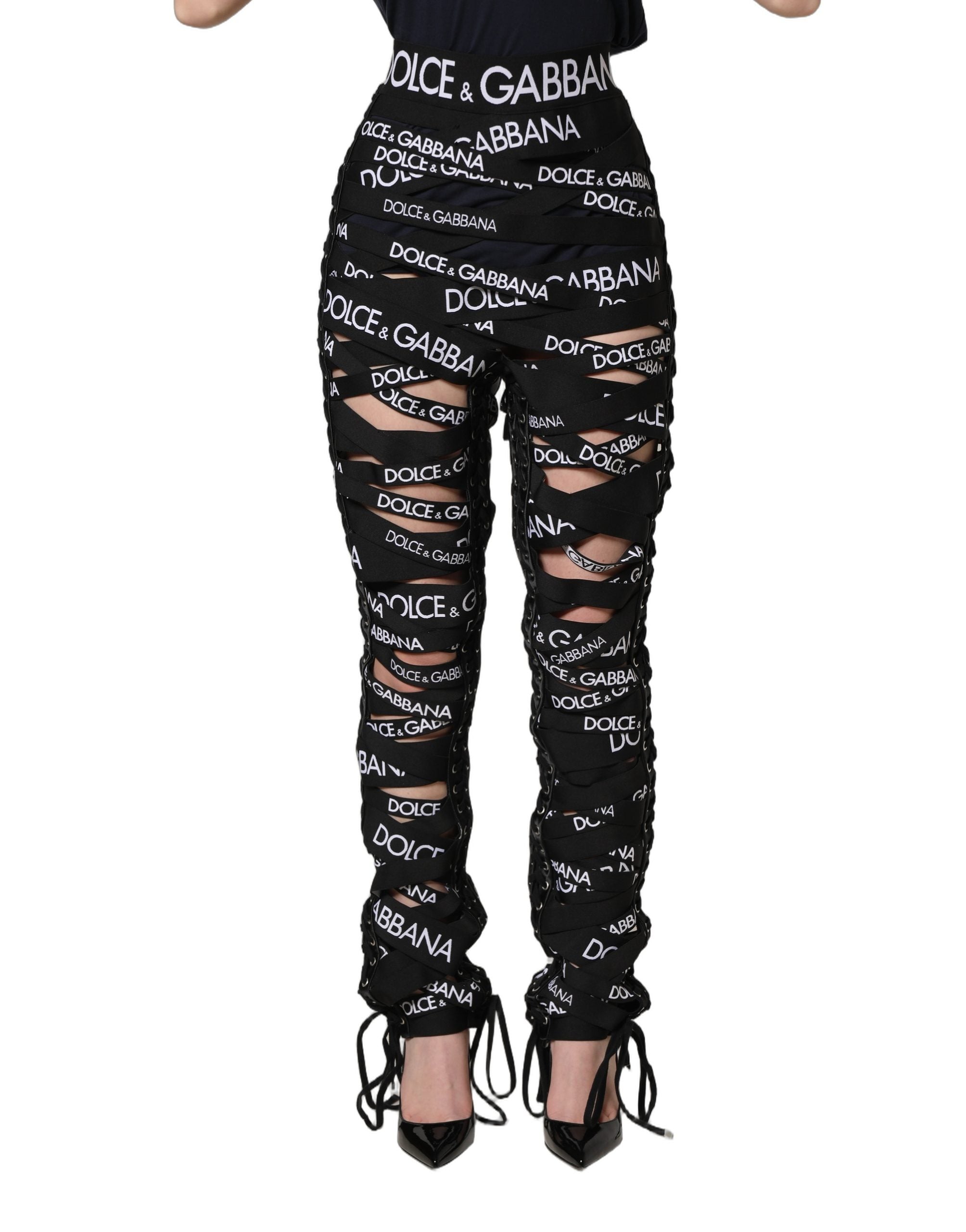 Dolce & Gabbana Black Logo Tape Cut Out Skinny High Waist Women's Pants