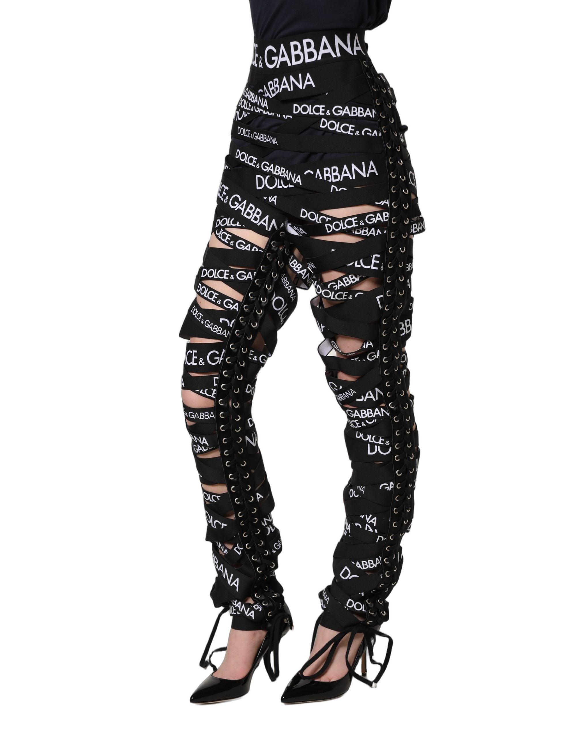 Dolce & Gabbana Black Logo Tape Cut Out Skinny High Waist Women's Pants