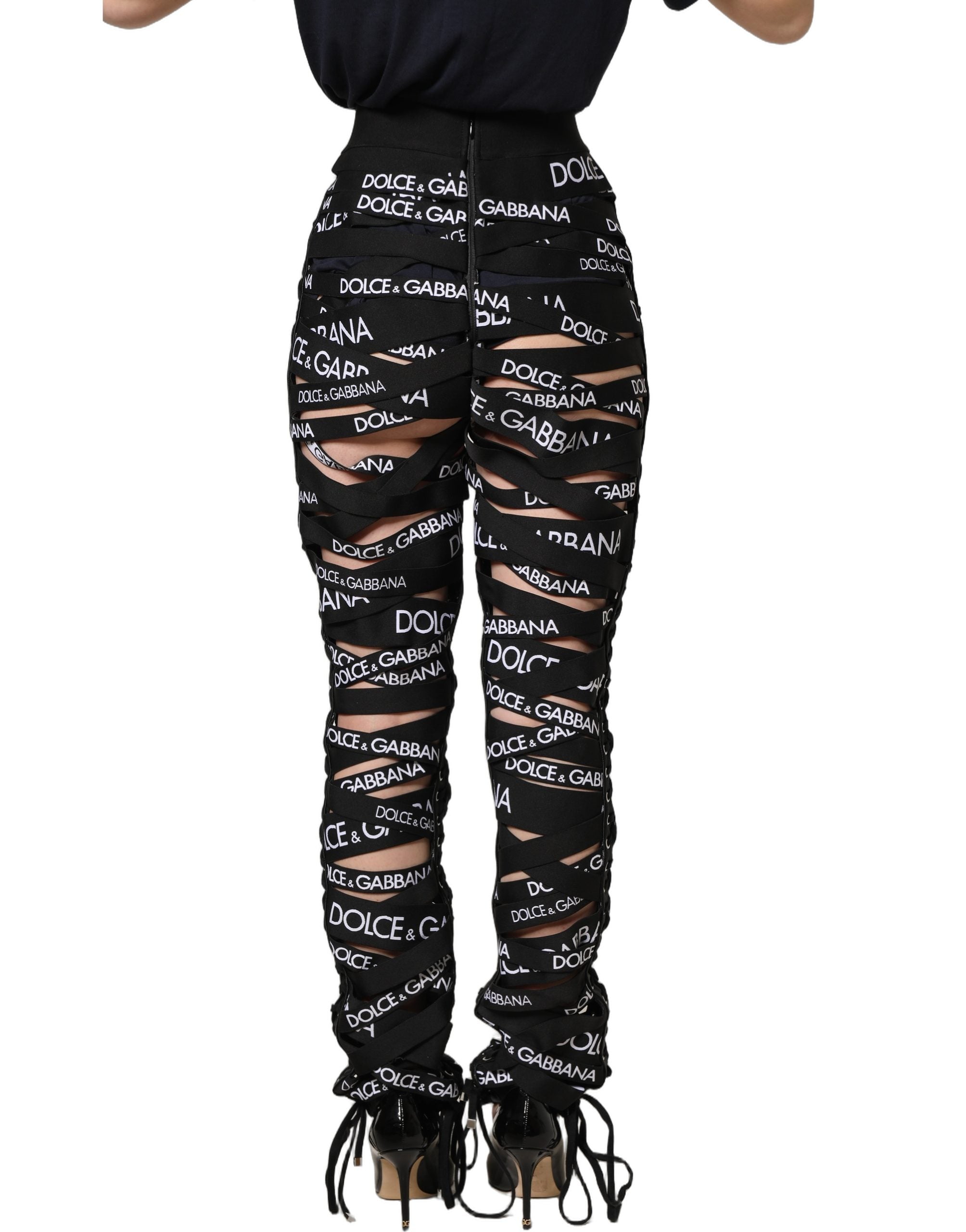 Dolce & Gabbana Black Logo Tape Cut Out Skinny High Waist Women's Pants