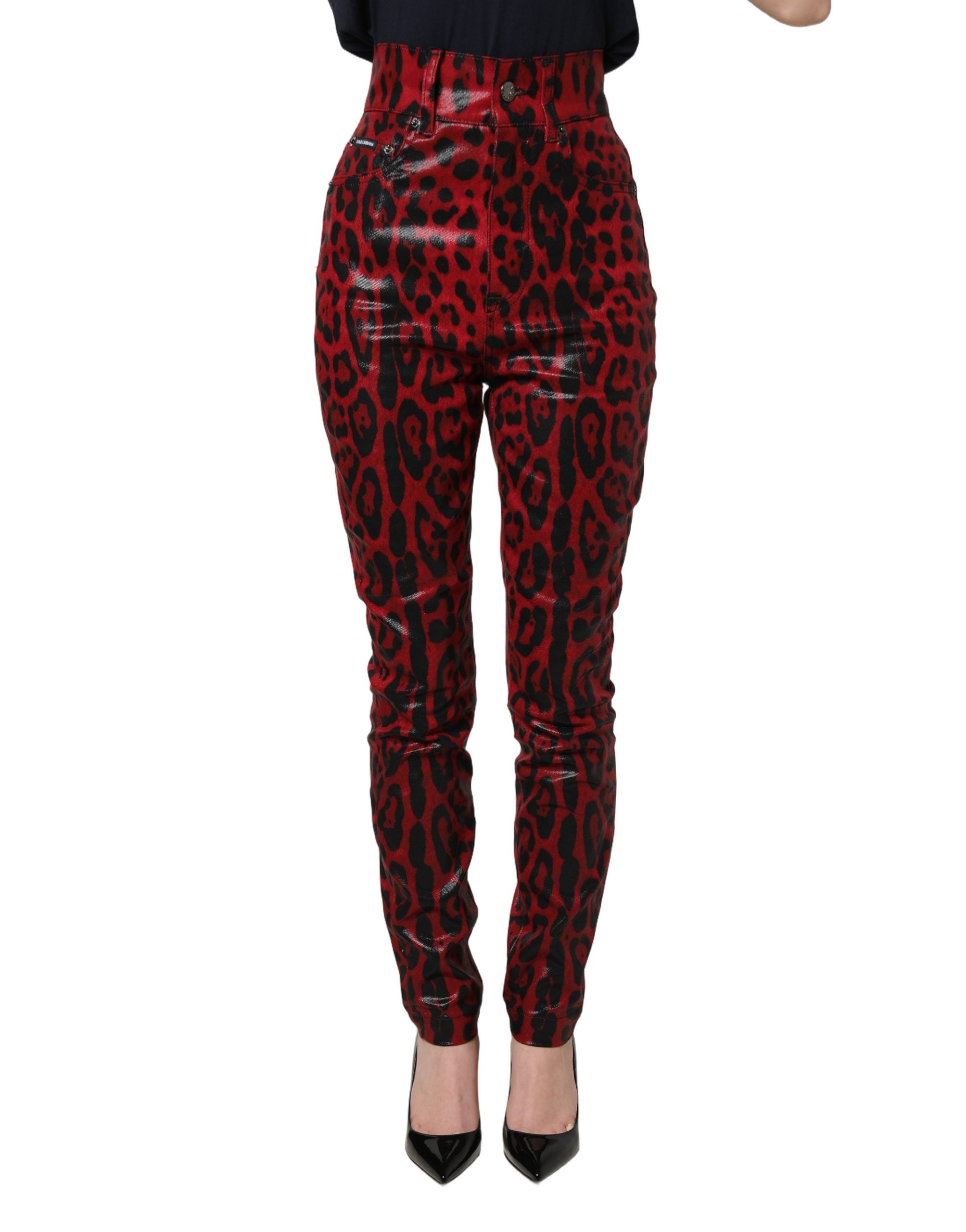 Dolce & Gabbana Red Leopard Skinny High Waist Denim Women's Jeans