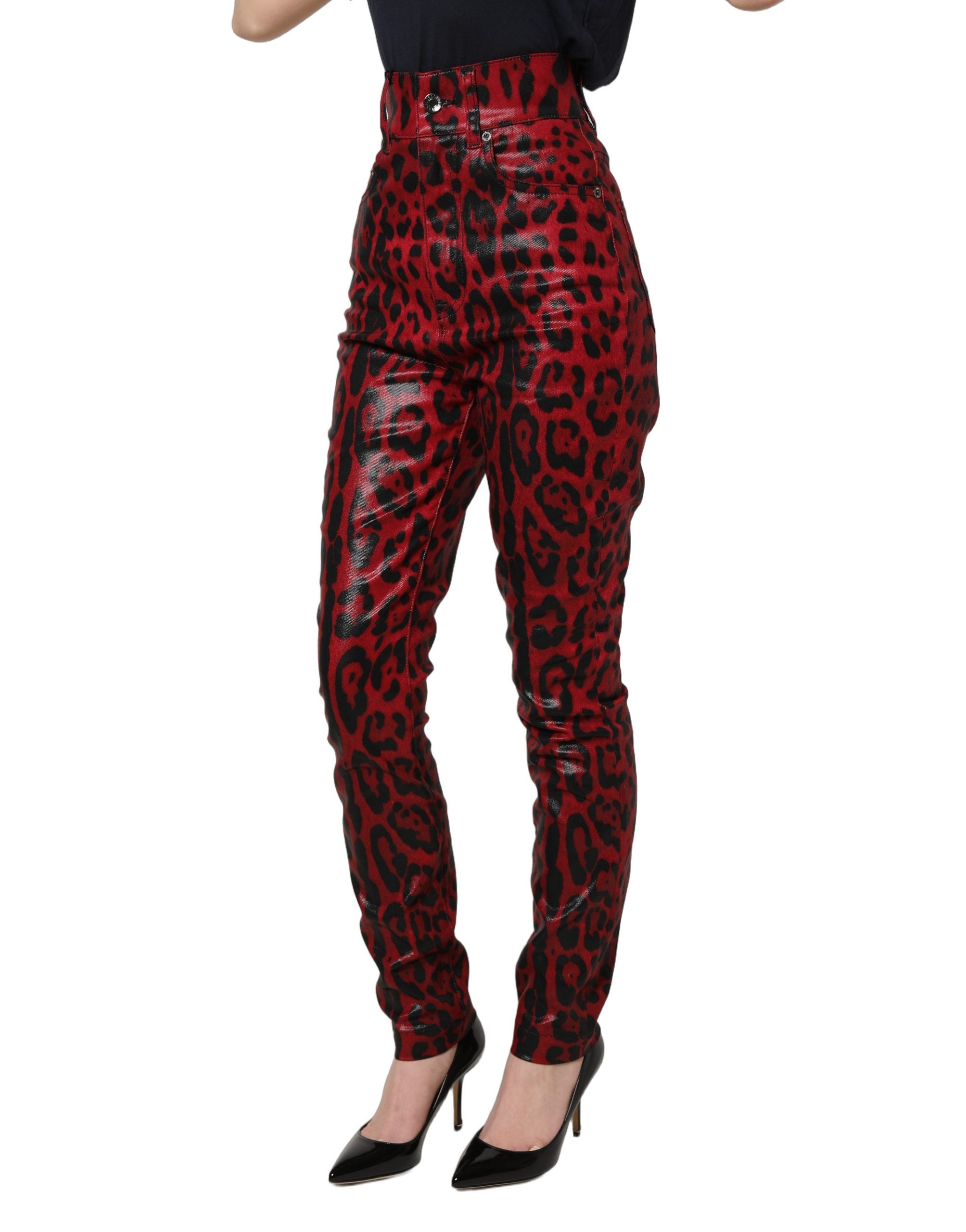 Dolce & Gabbana Red Leopard Skinny High Waist Denim Women's Jeans