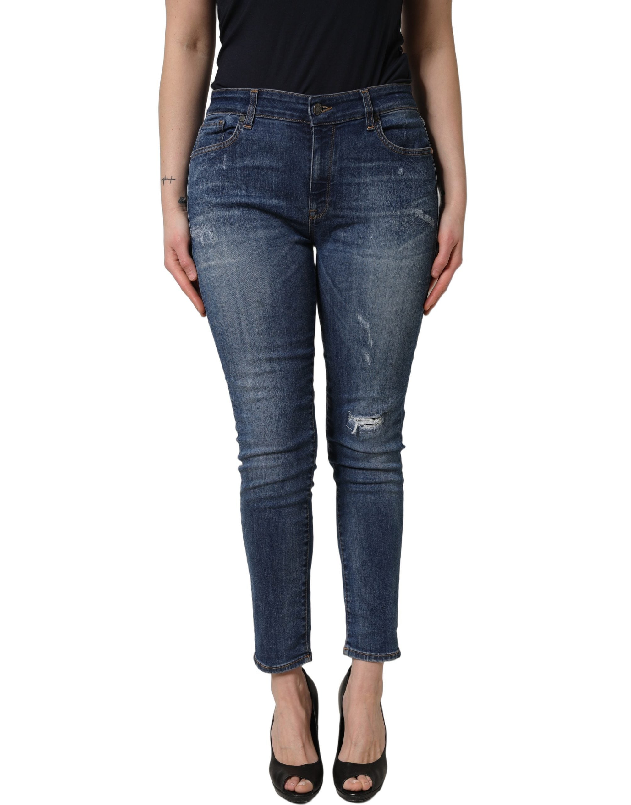 Dolce & Gabbana Blue Tattered Skinny Mid Waist Denim Women's Jeans (Pre-Owned)