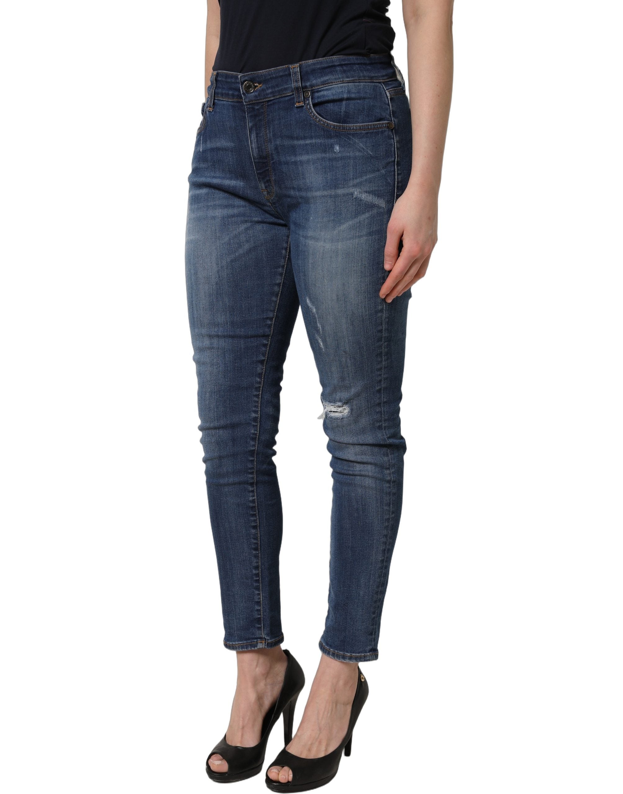 Dolce & Gabbana Blue Tattered Skinny Mid Waist Denim Women's Jeans (Pre-Owned)