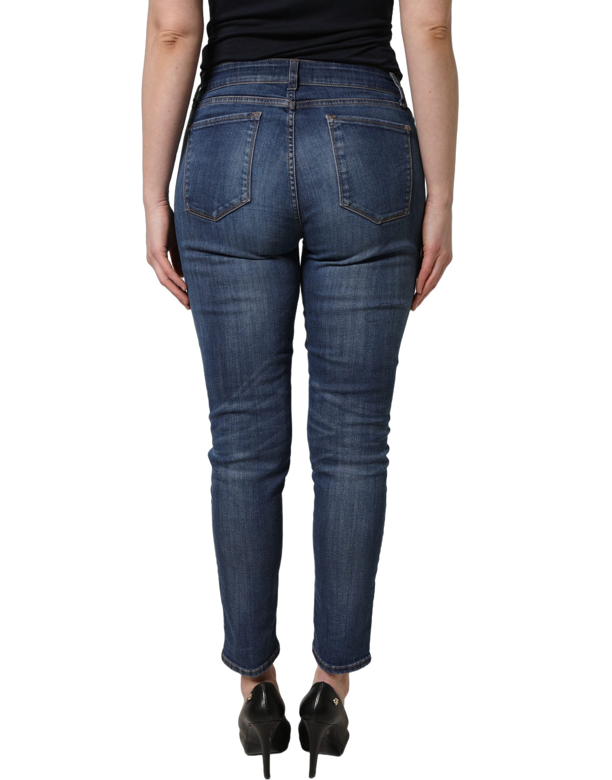 Dolce & Gabbana Blue Tattered Skinny Mid Waist Denim Women's Jeans (Pre-Owned)