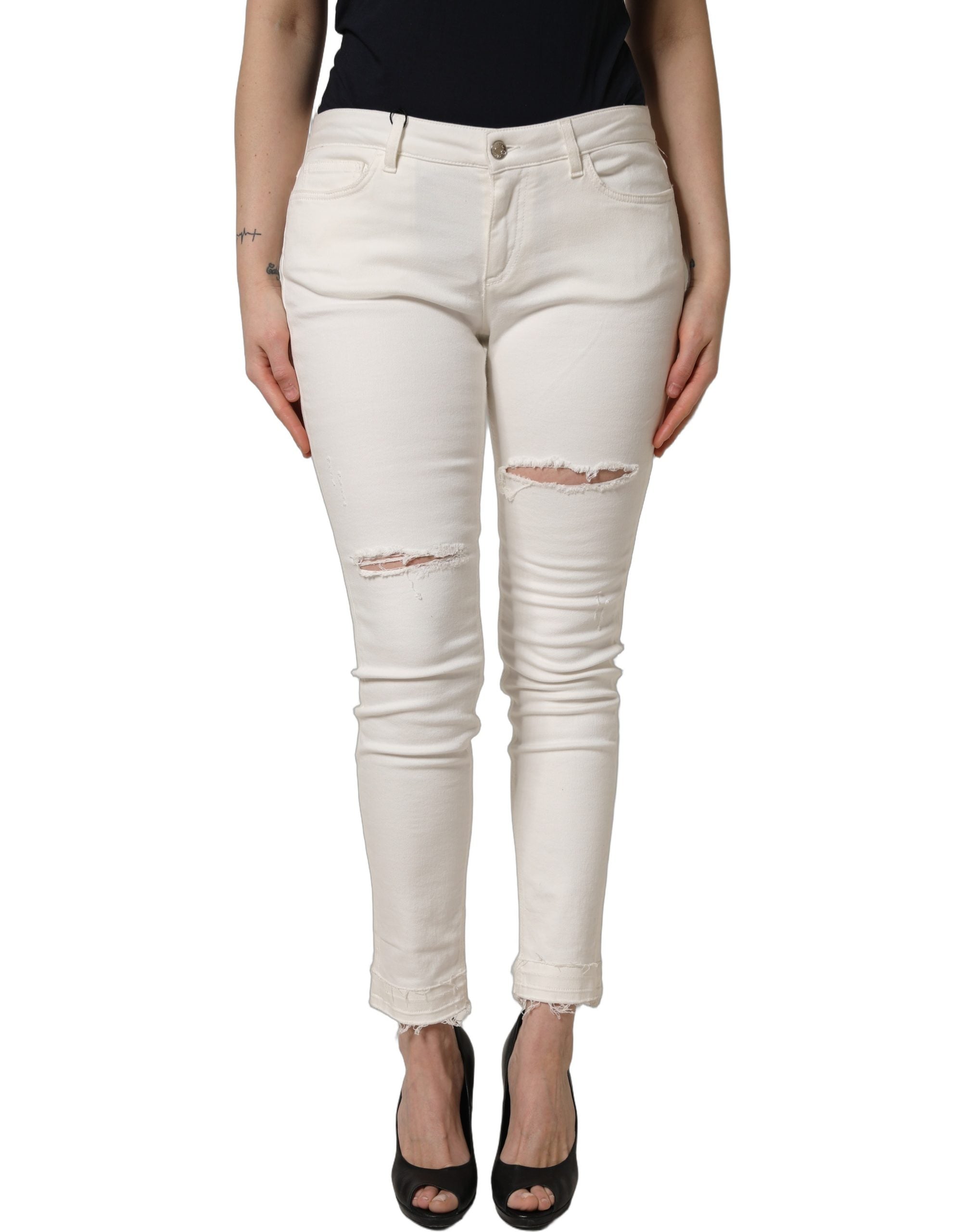 Dolce & Gabbana White Tattered Skinny Cotton Denim Women's Jeans
