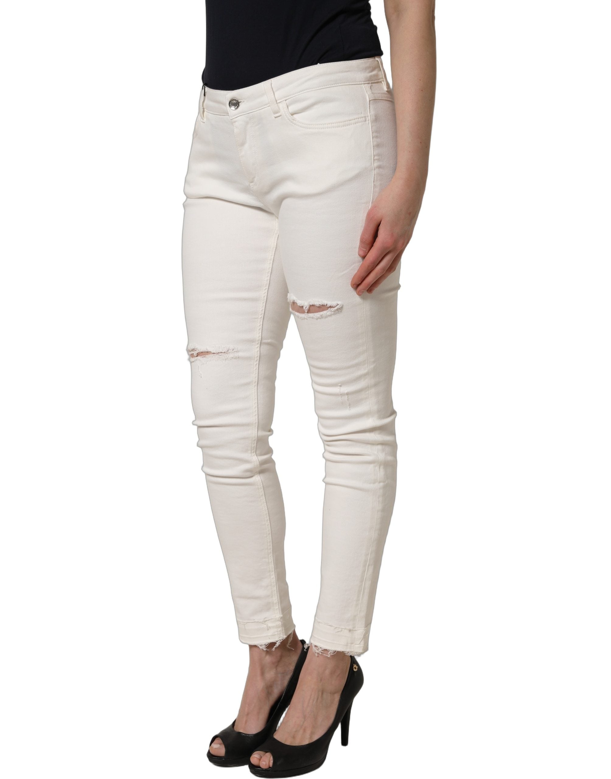 Dolce & Gabbana White Tattered Skinny Cotton Denim Women's Jeans