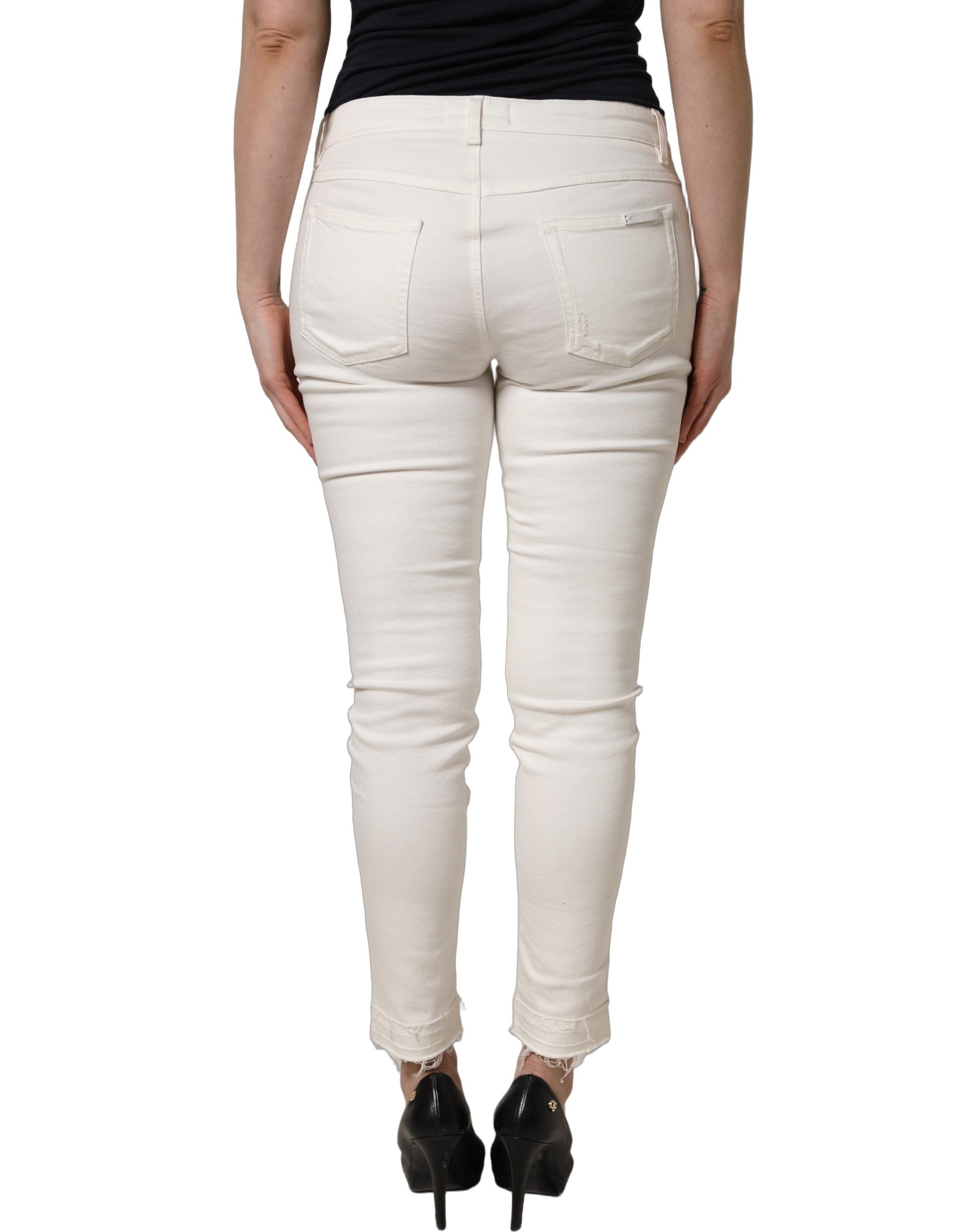 Dolce & Gabbana White Tattered Skinny Cotton Denim Women's Jeans