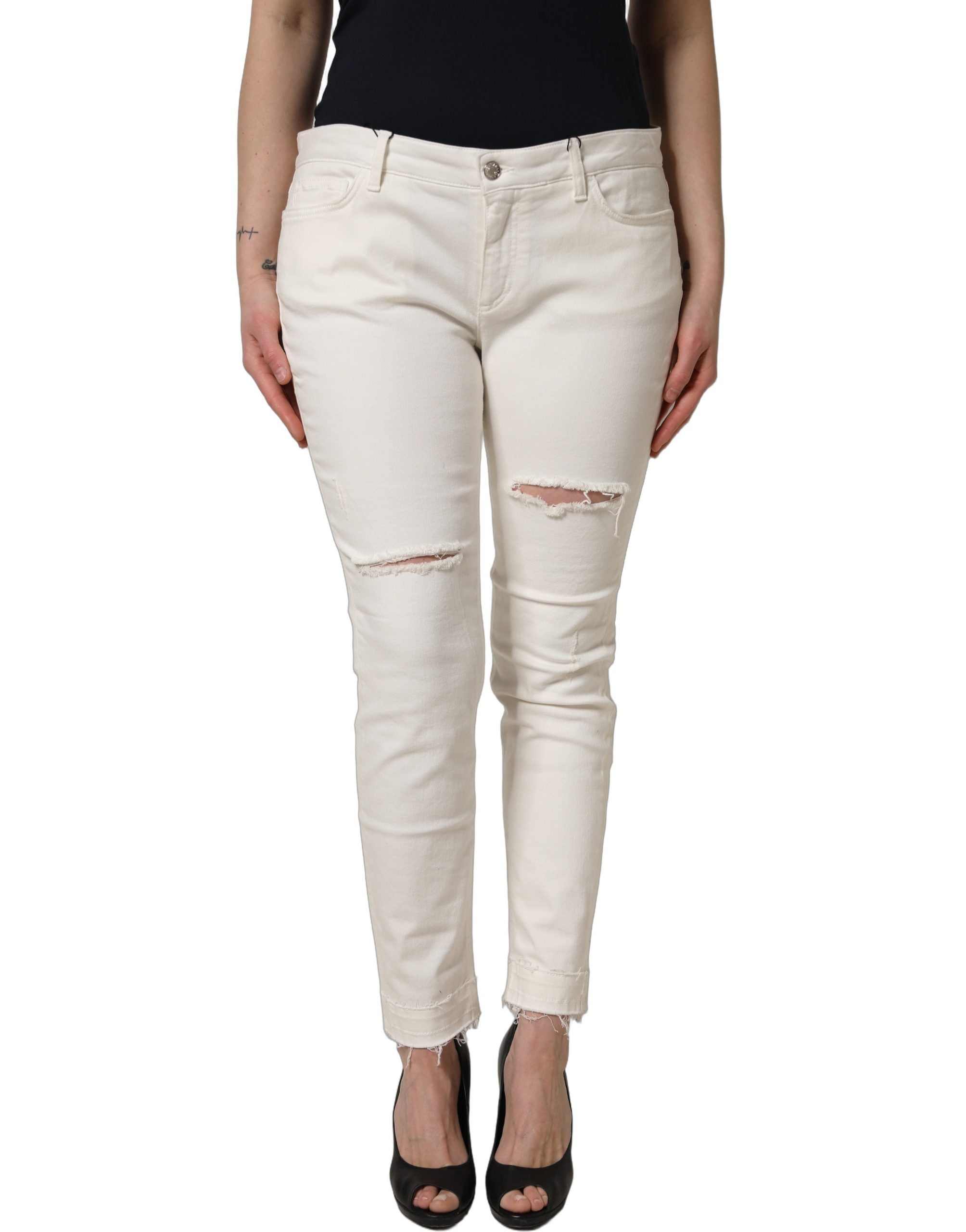 Dolce & Gabbana White Tattered Skinny Cotton Denim Women's Jeans (Pre-Owned)