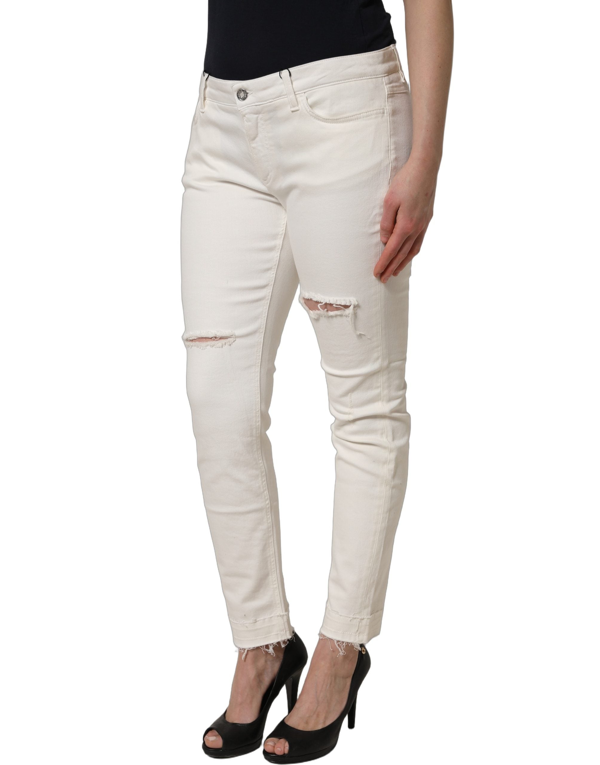 Dolce & Gabbana White Tattered Skinny Cotton Denim Women's Jeans (Pre-Owned)