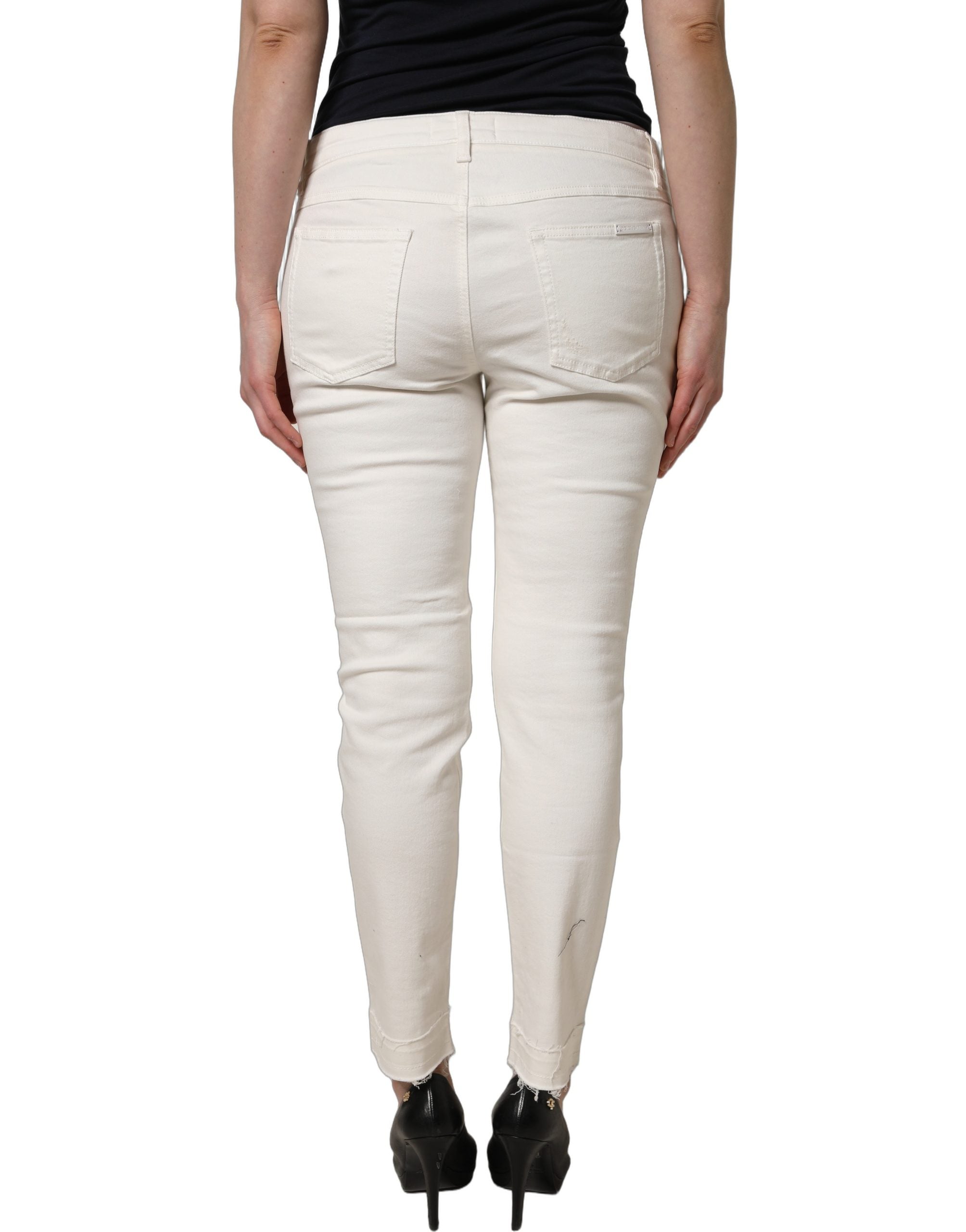 Dolce & Gabbana White Tattered Skinny Cotton Denim Women's Jeans (Pre-Owned)