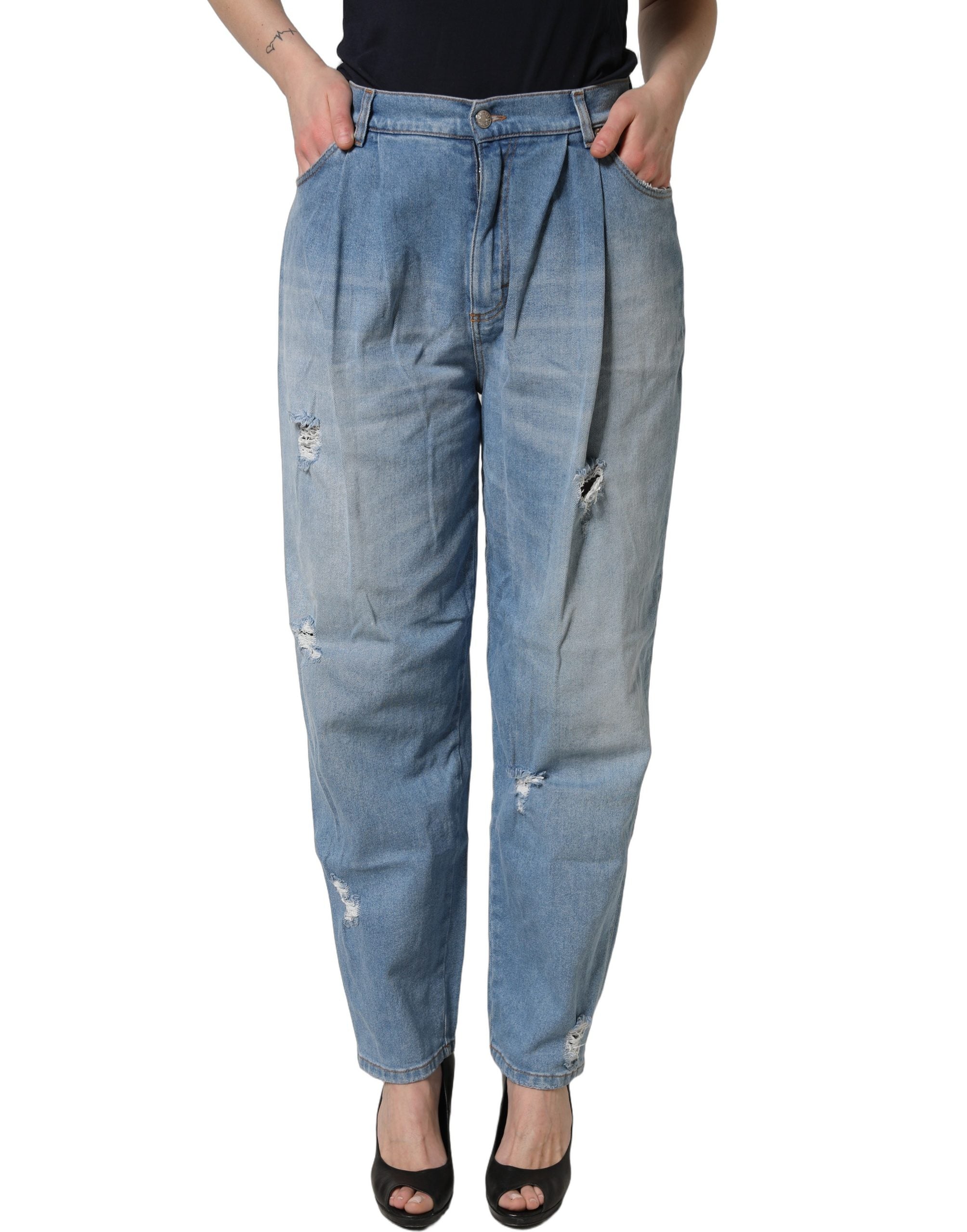 Dolce & Gabbana Blue Distressed Pleated Cotton Denim Women's Jeans