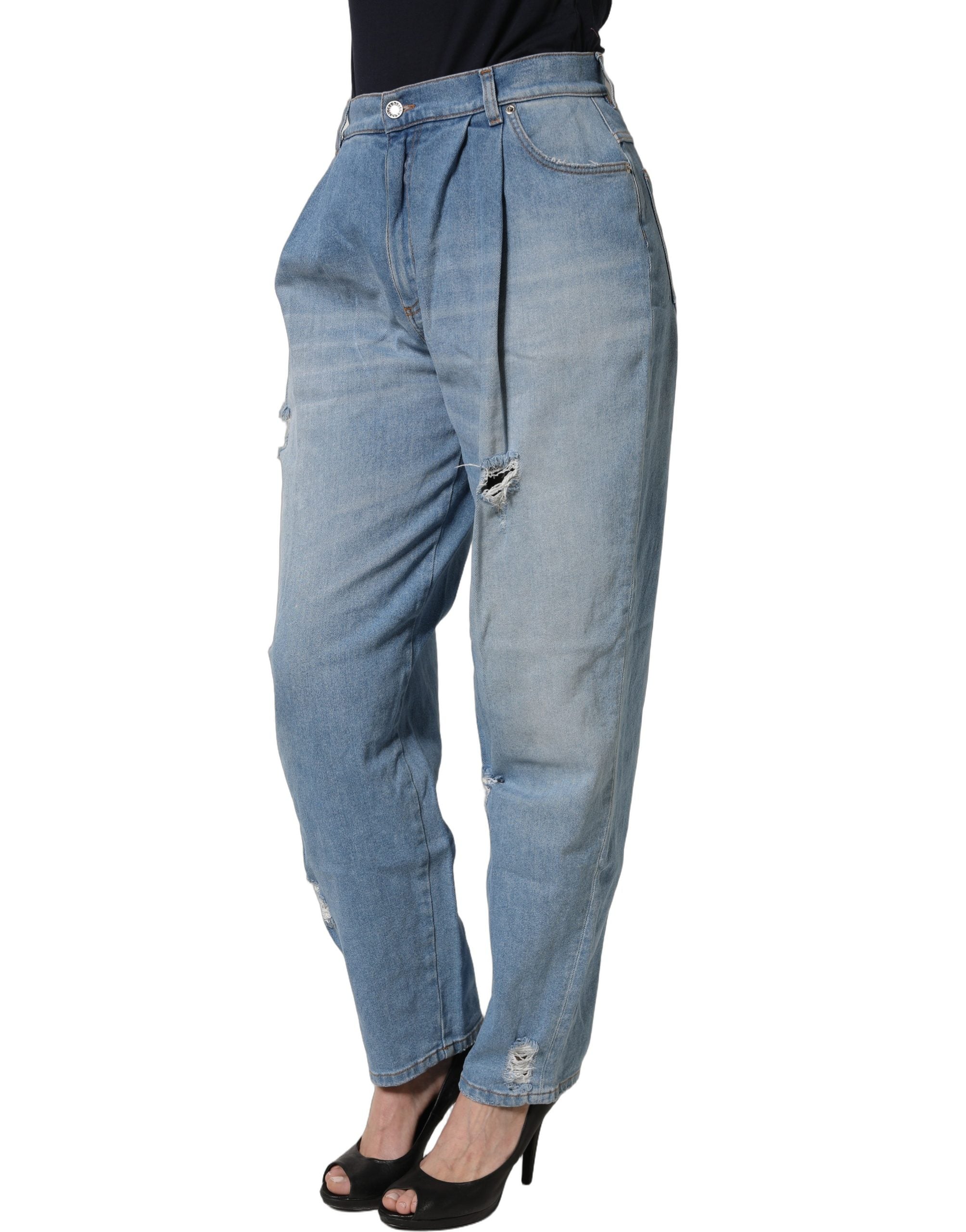 Dolce & Gabbana Blue Distressed Pleated Cotton Denim Women's Jeans