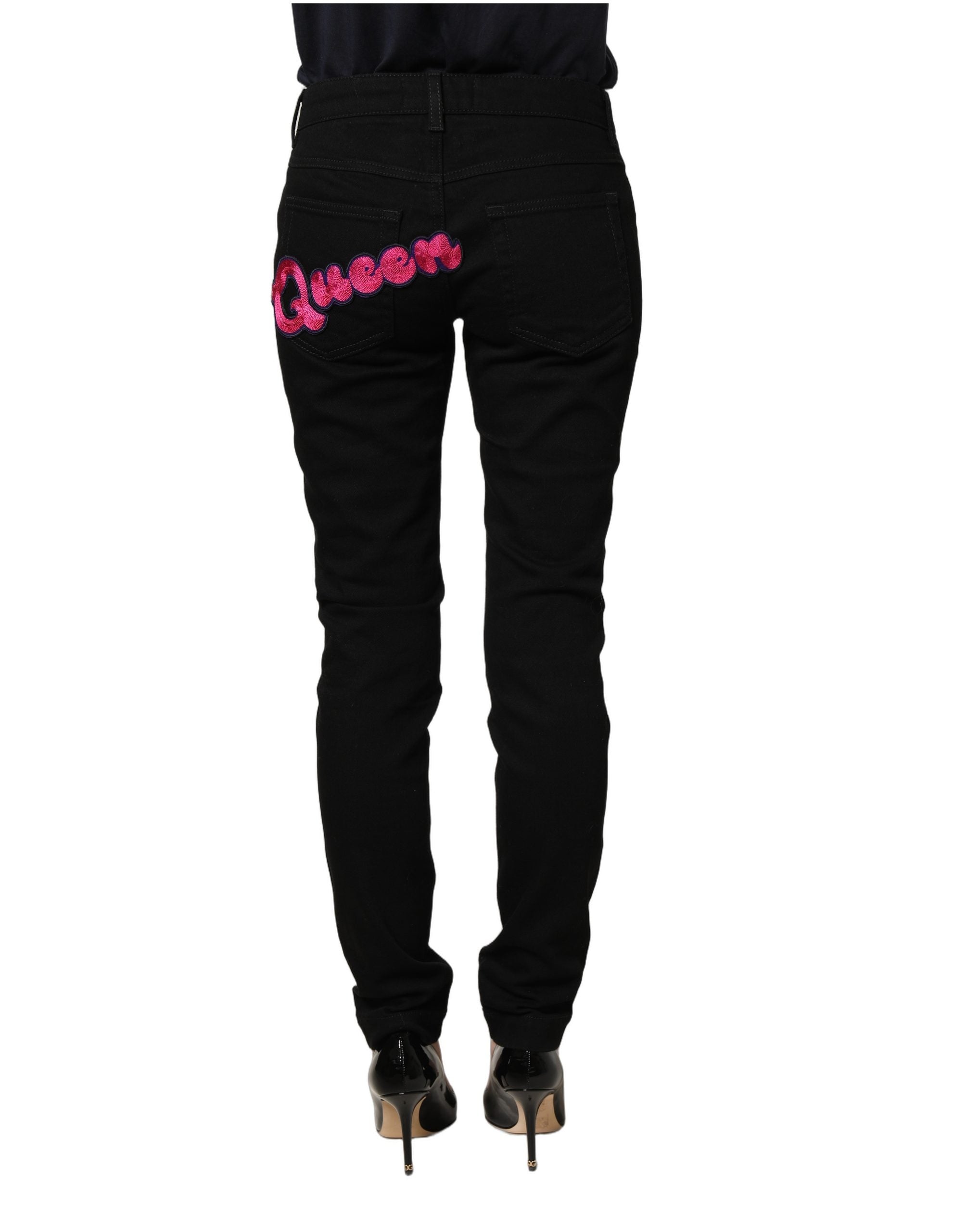 Dolce & Gabbana Black Queen Embroidery PRETTY Denim Women's Jeans
