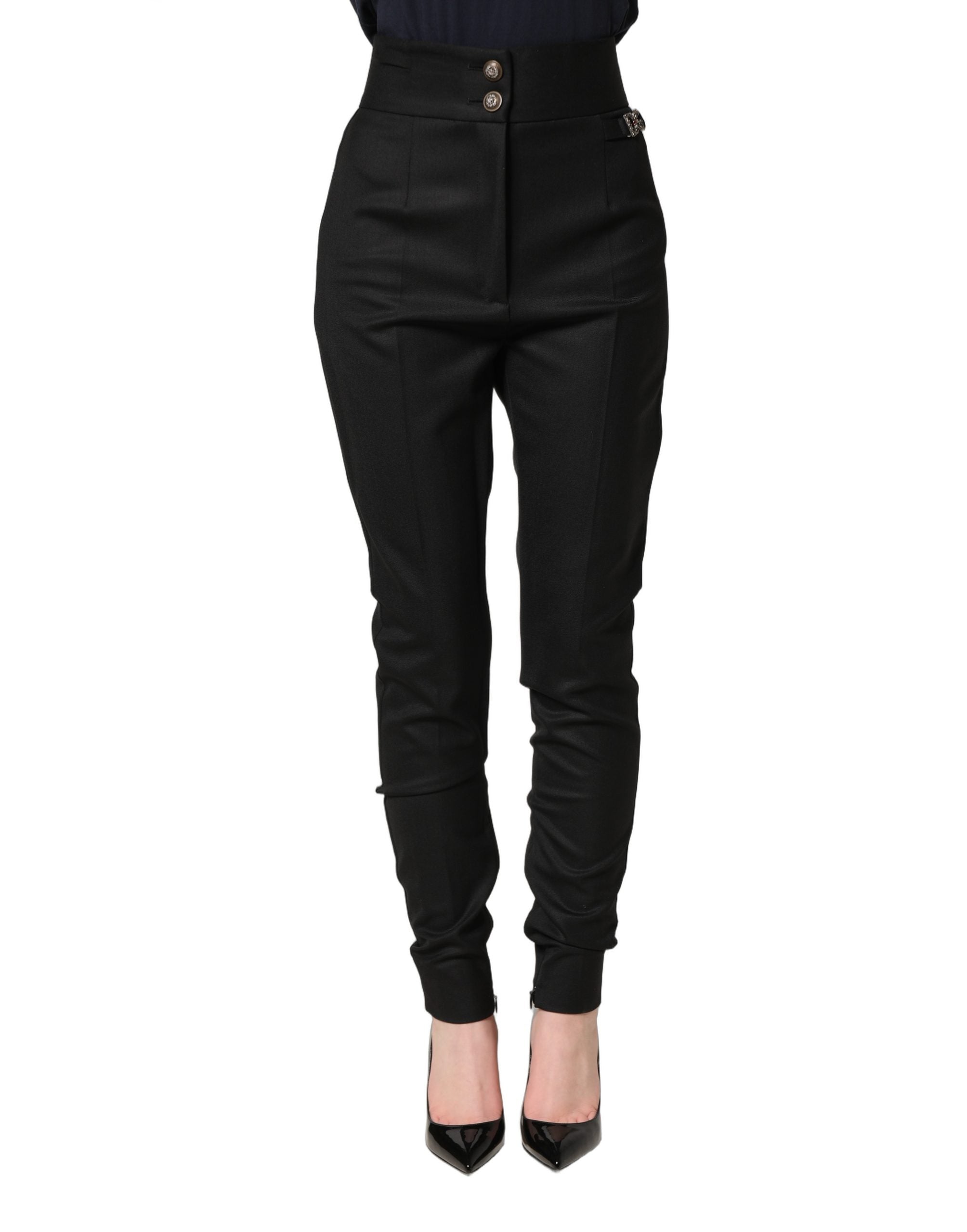 Dolce & Gabbana Black Wool High Waisted Logo Trouser Women's Pants
