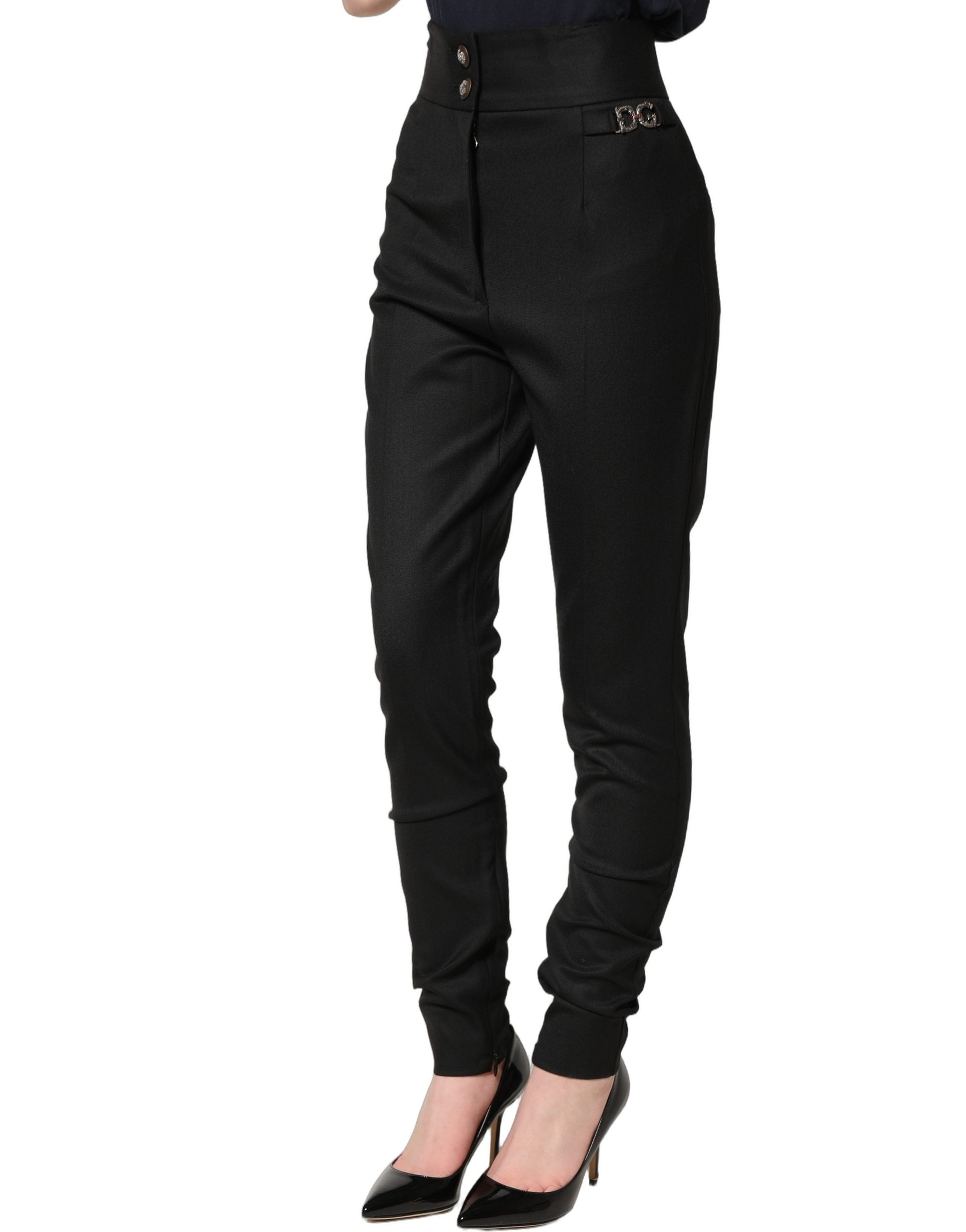 Dolce & Gabbana Black Wool High Waisted Logo Trouser Women's Pants