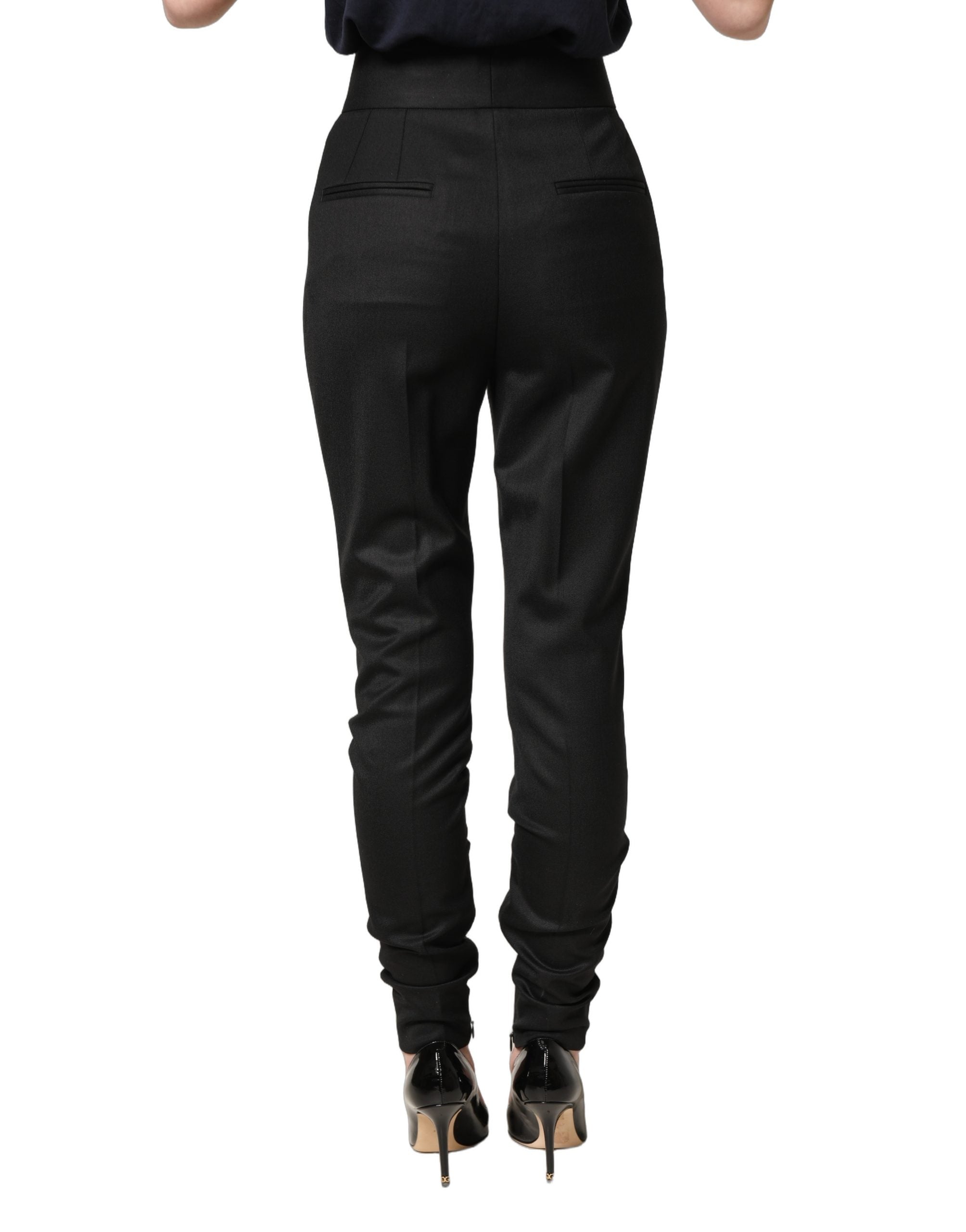 Dolce & Gabbana Black Wool High Waisted Logo Trouser Women's Pants
