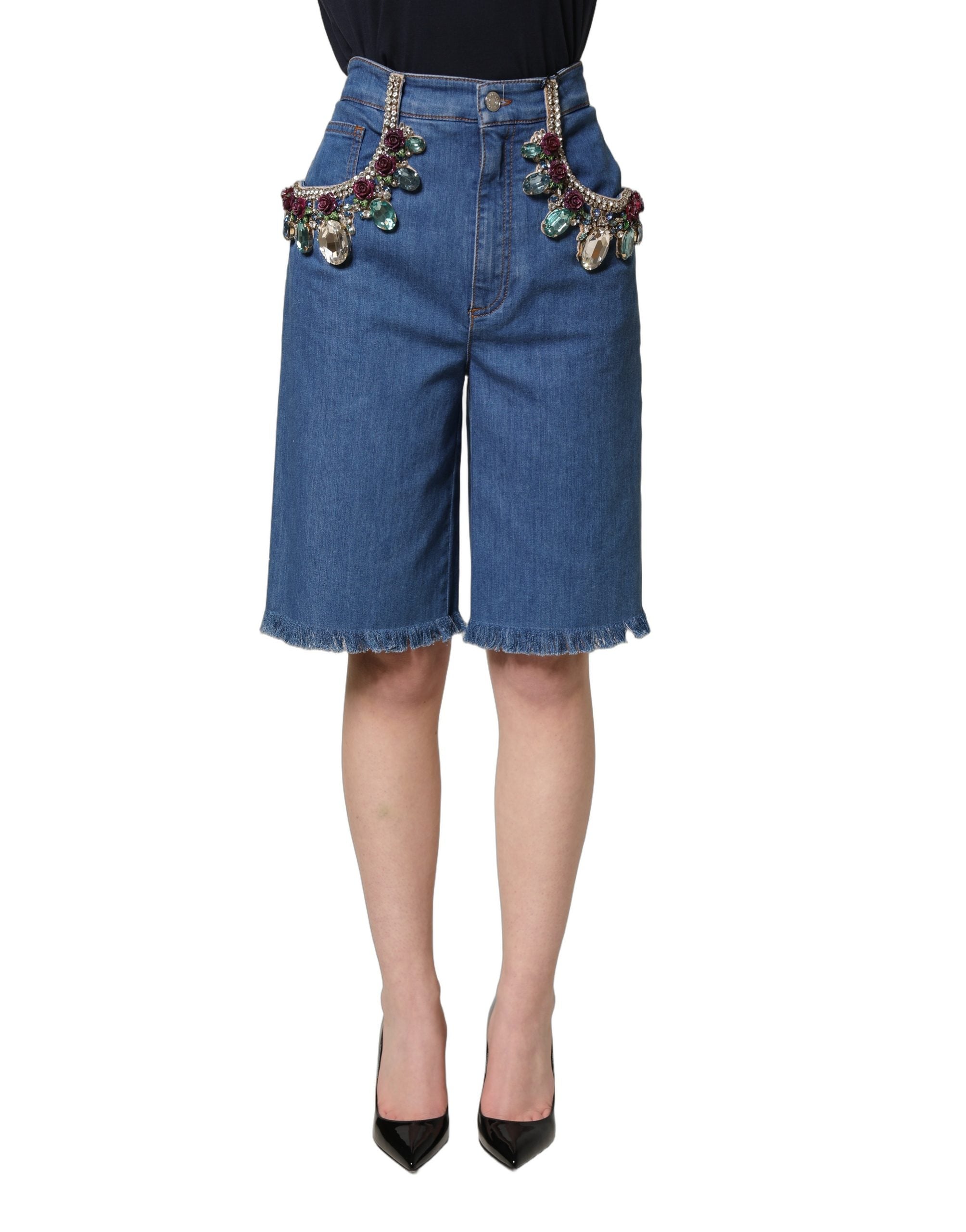 Dolce & Gabbana Blue Cotton Embellished BermudaDenim Women's Shorts