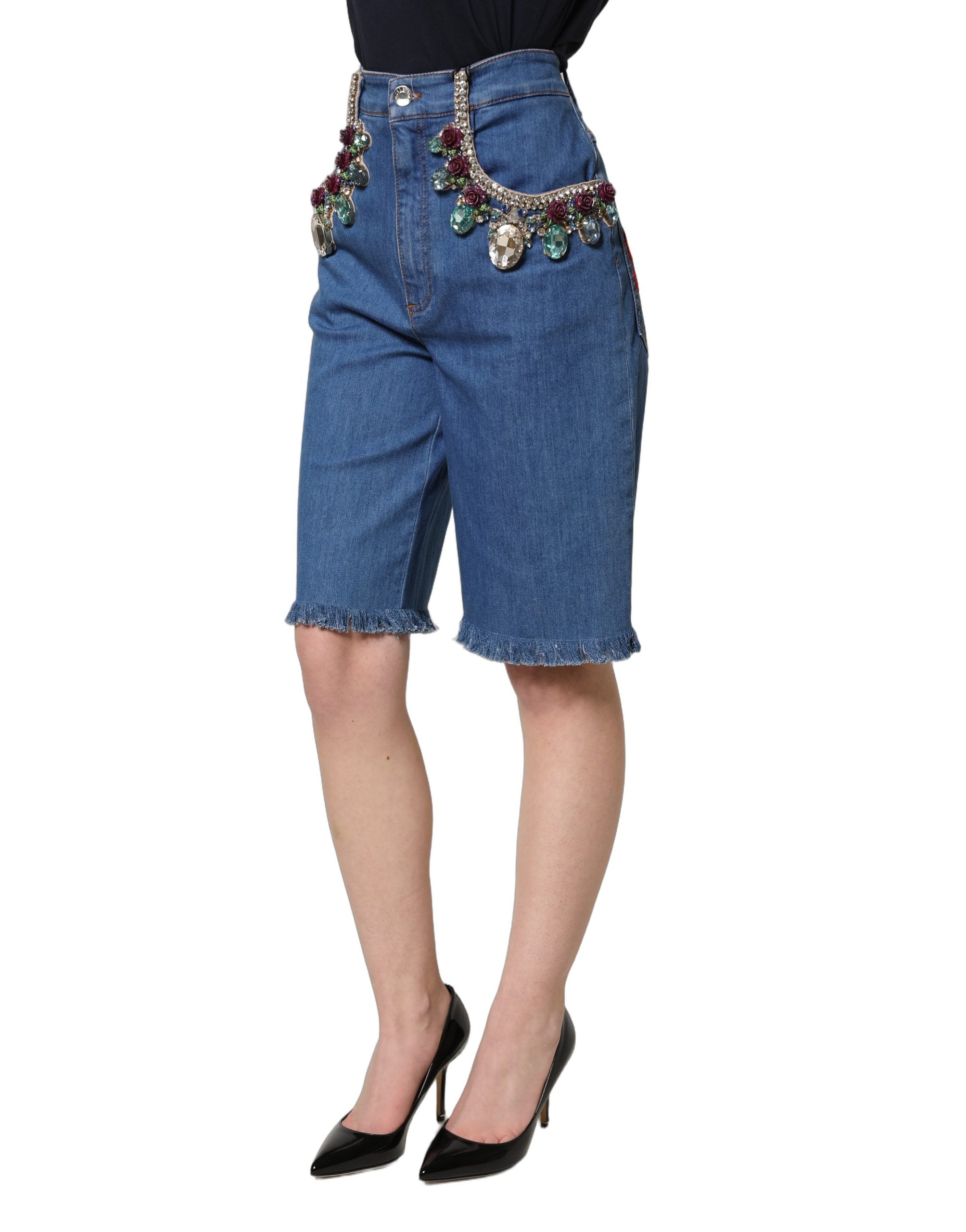 Dolce & Gabbana Blue Cotton Embellished BermudaDenim Women's Shorts