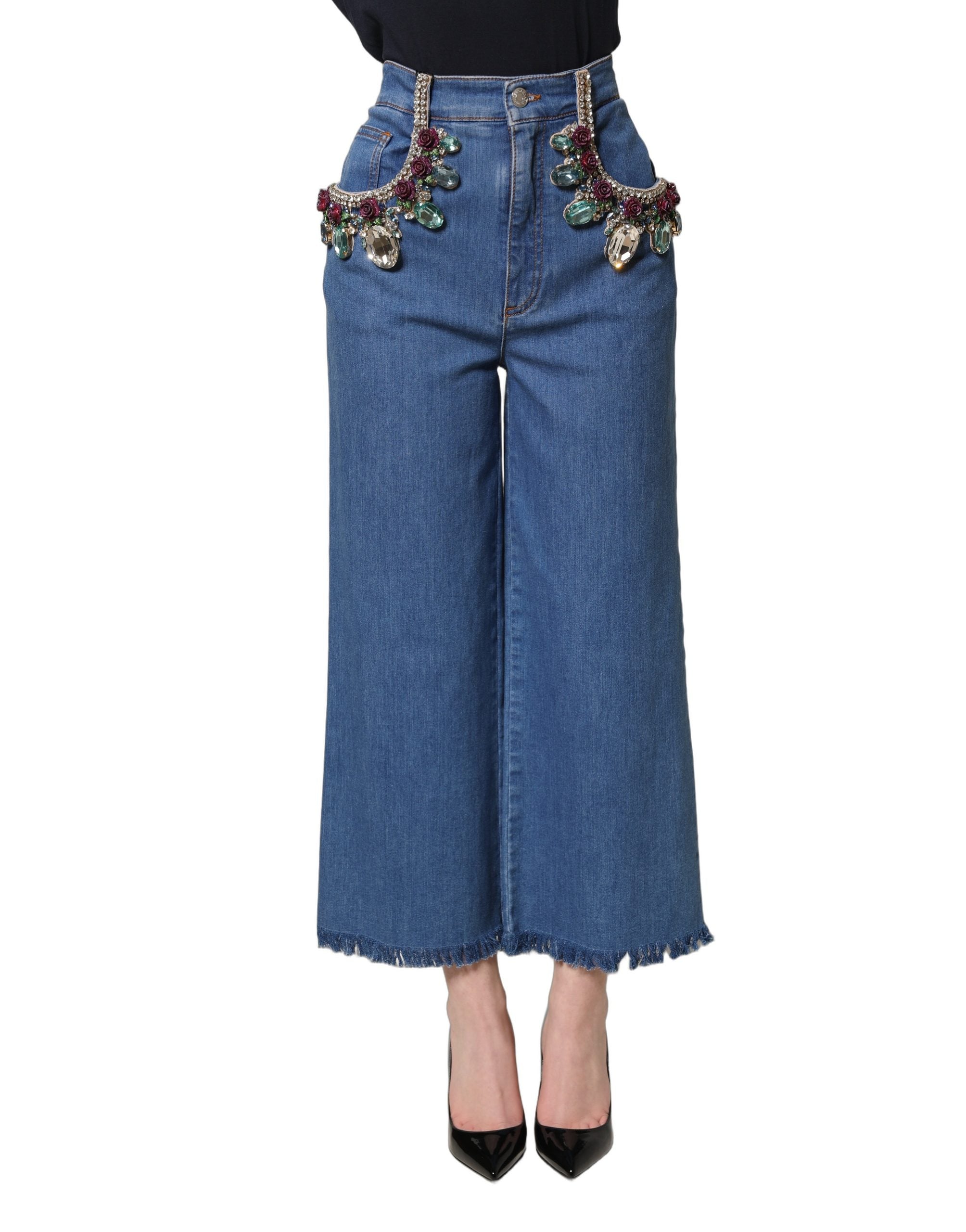 Dolce & Gabbana Blue Embellished Wide Cropped Denim Women's Jeans