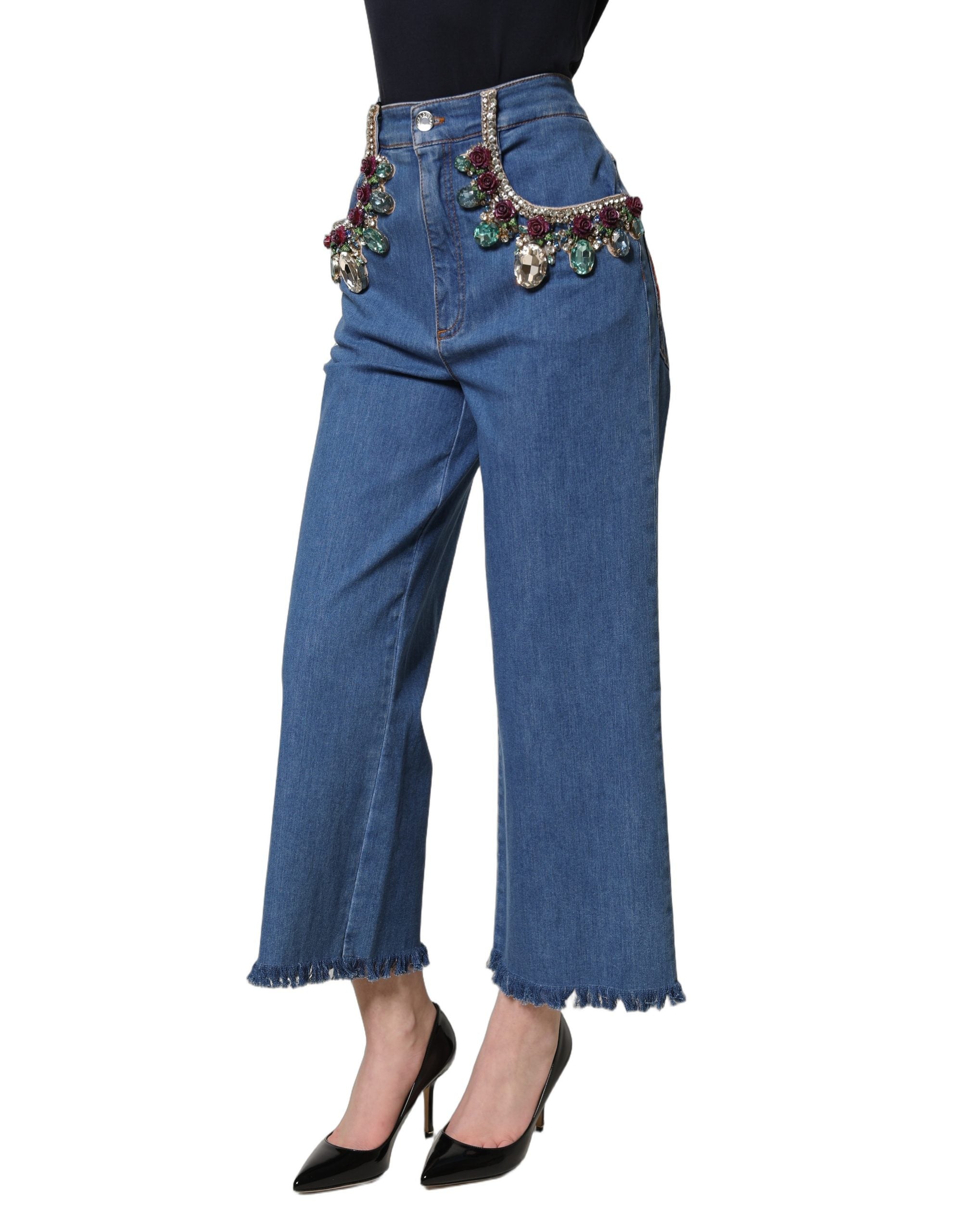 Dolce & Gabbana Blue Embellished Wide Cropped Denim Women's Jeans