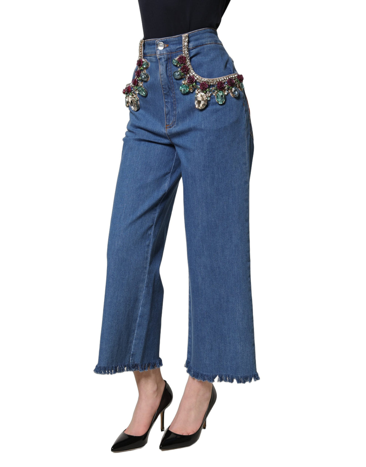 Dolce & Gabbana Blue Embellished Wide Cropped Denim Women's Jeans