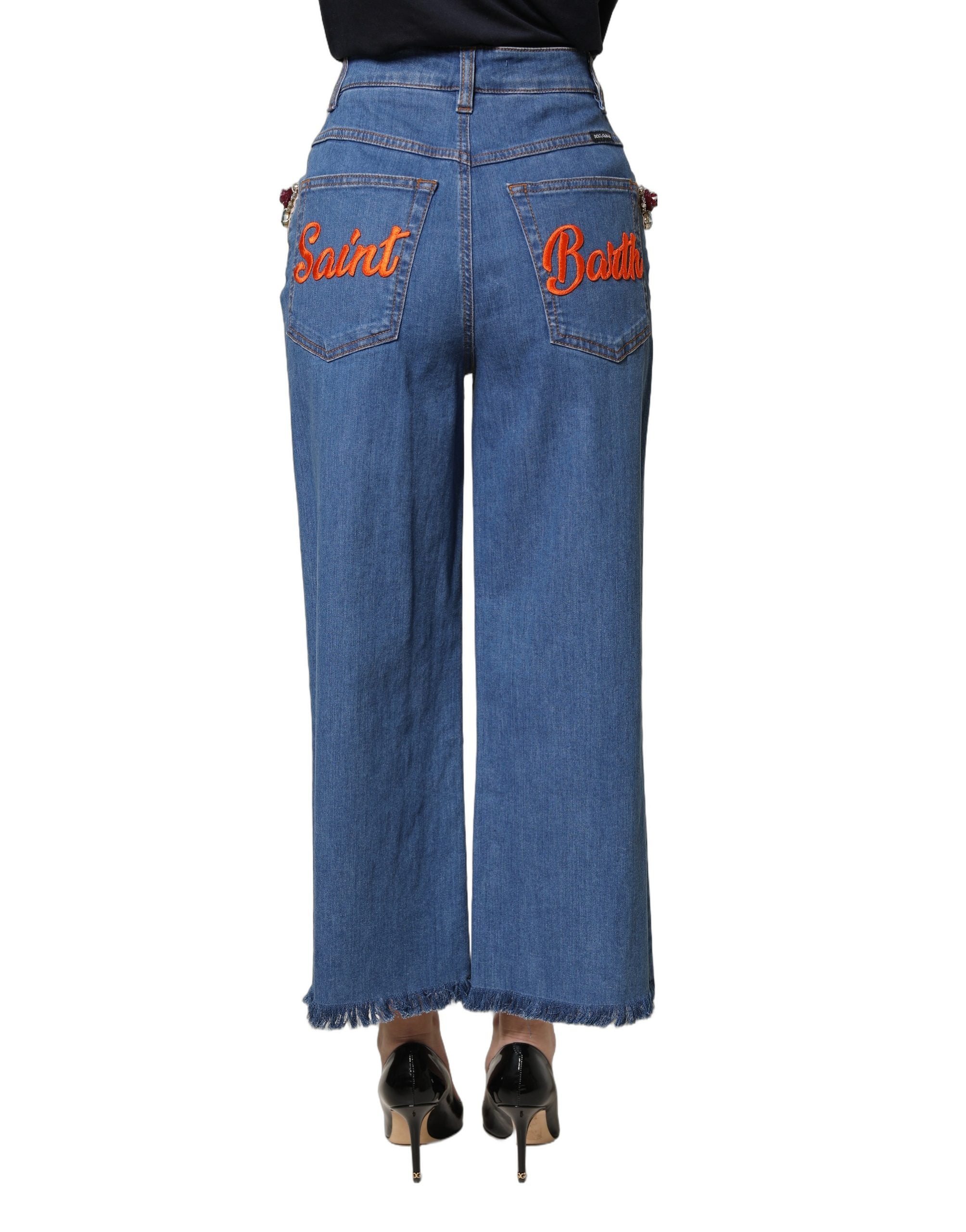 Dolce & Gabbana Blue Embellished Wide Cropped Denim Women's Jeans