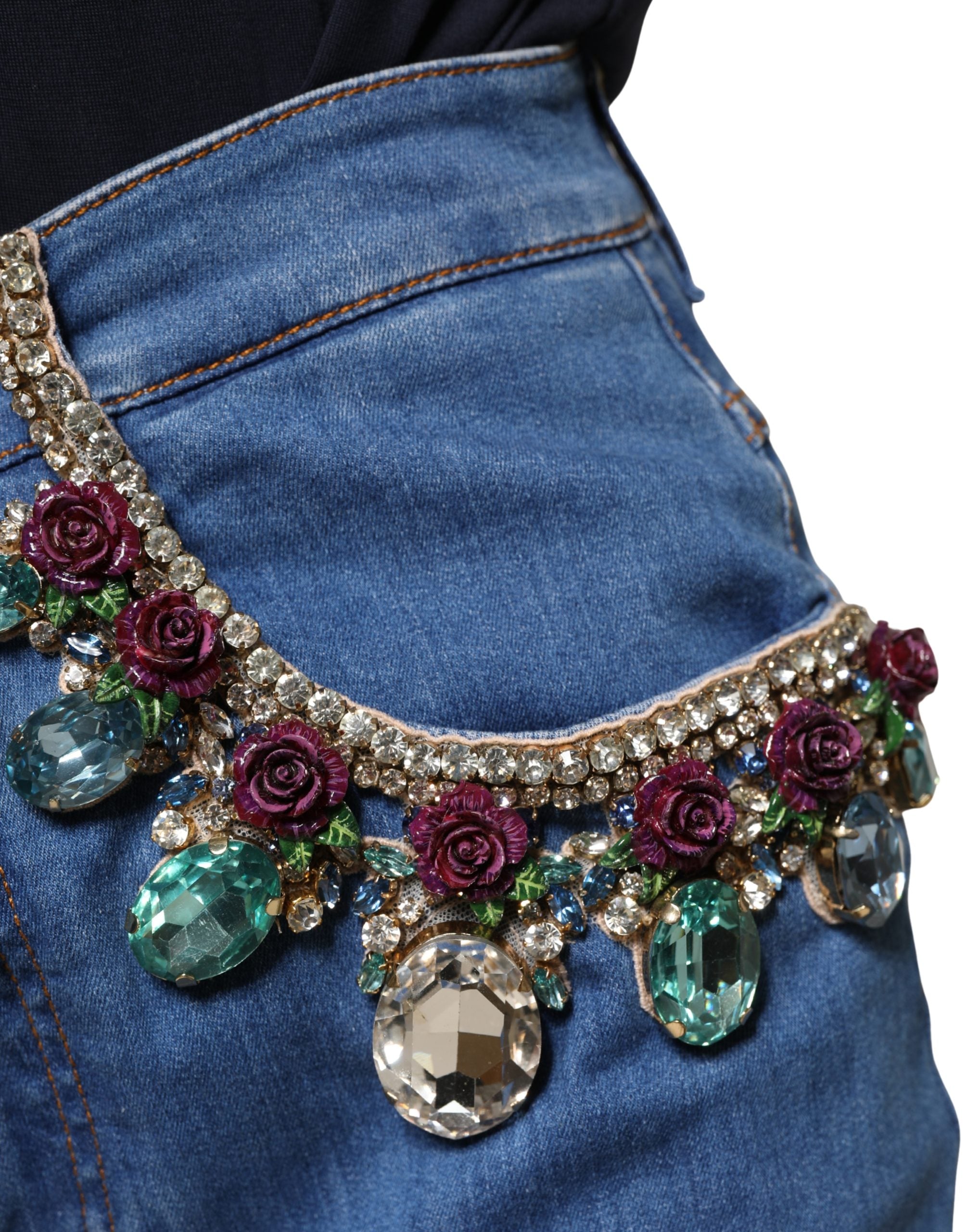 Dolce & Gabbana Blue Embellished Wide Cropped Denim Women's Jeans