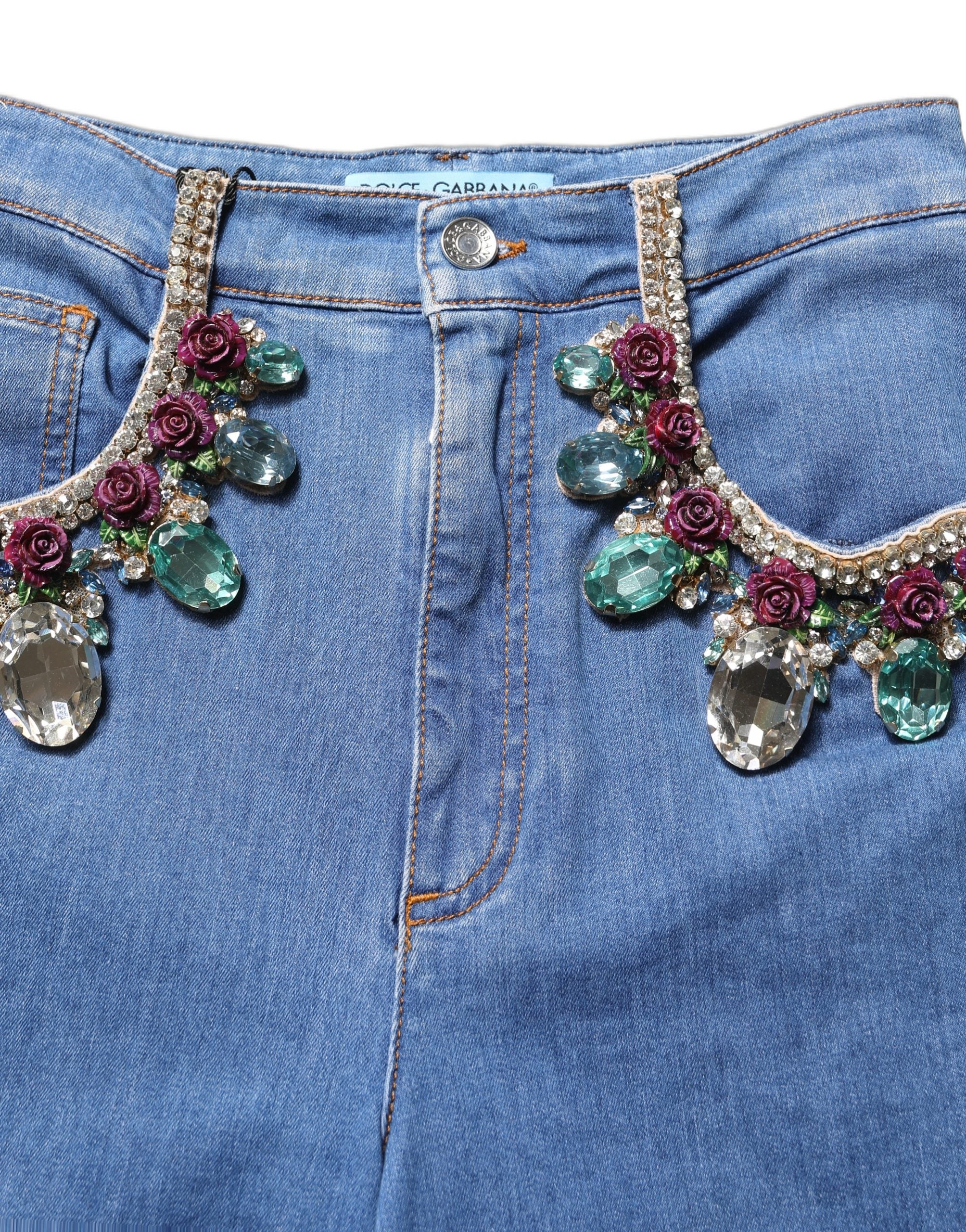 Dolce & Gabbana Blue Embellished Wide Cropped Denim Women's Jeans