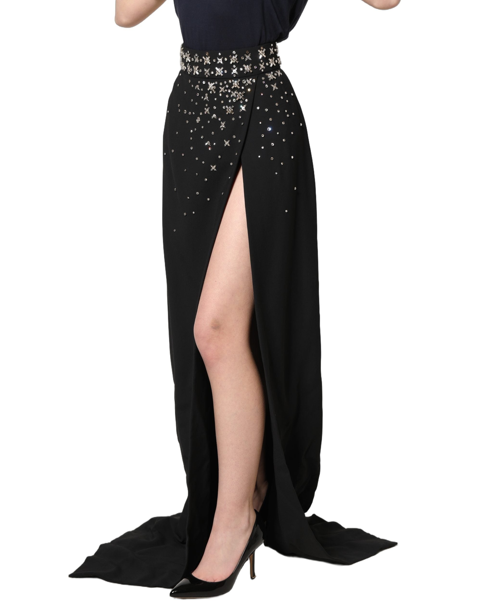 Dolce & Gabbana Black Crystal Embellished High Slit Women's Skirt (Pre-Owned)