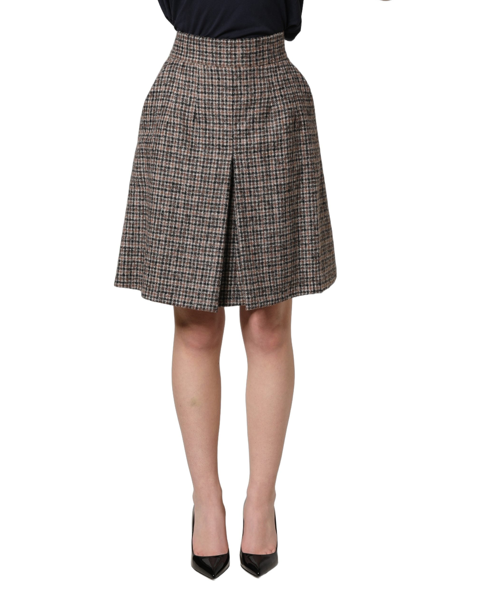 Dolce & Gabbana Brown Tweed Kick Pleat High Waist Mini Women's Skirt