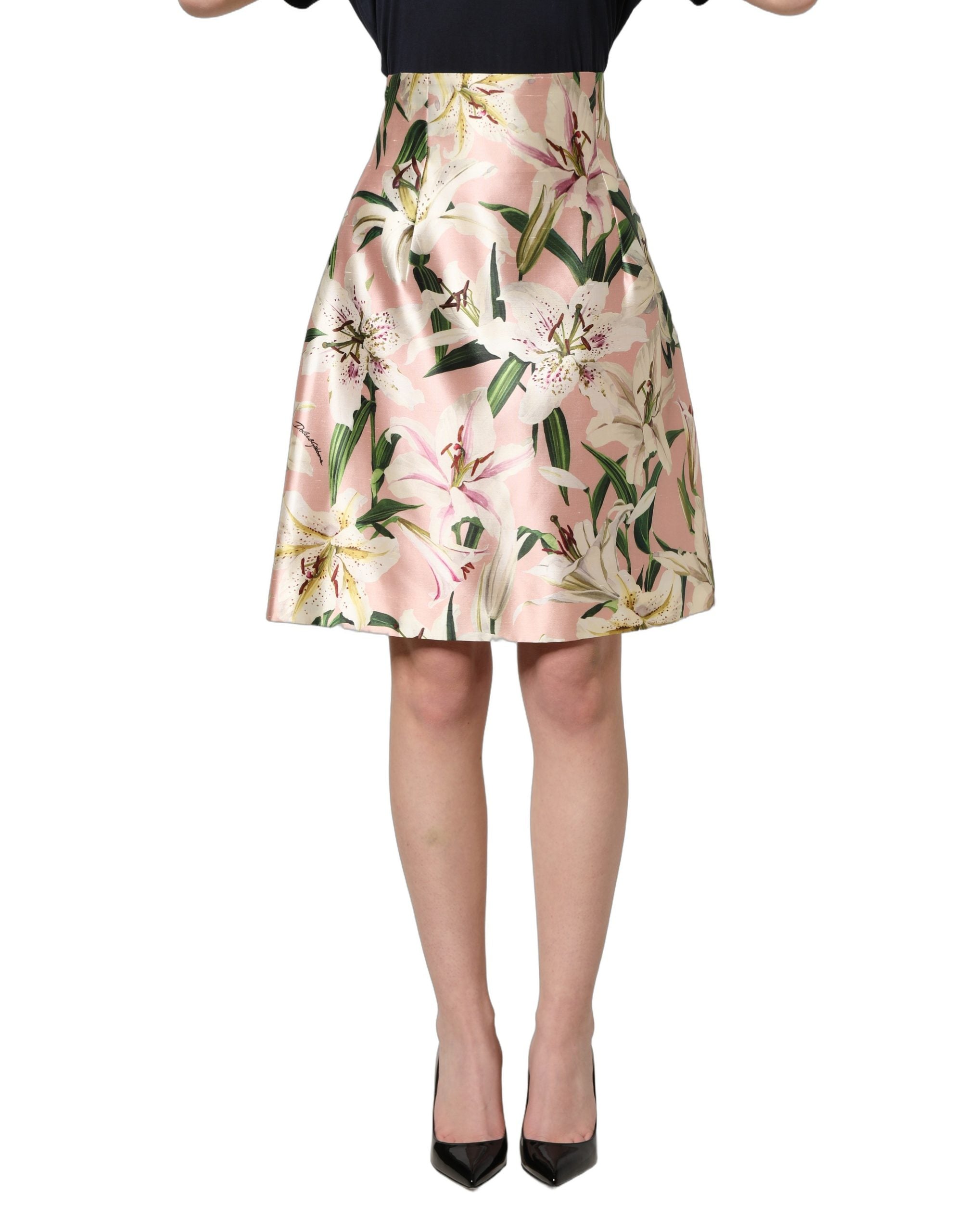 Dolce & Gabbana Pink Lilium High Waist Knee Length Women's Skirt
