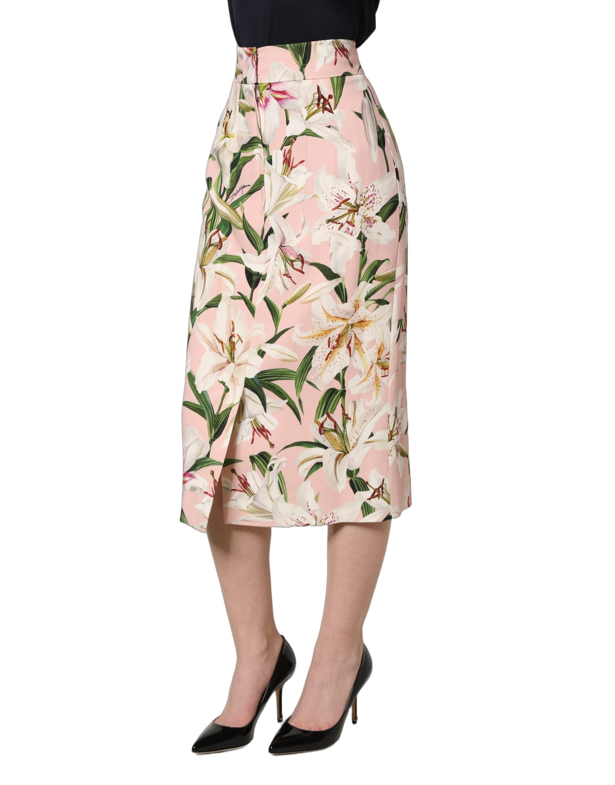 Dolce & Gabbana Pink Lilium Print High Waist Pencil Women's Skirt