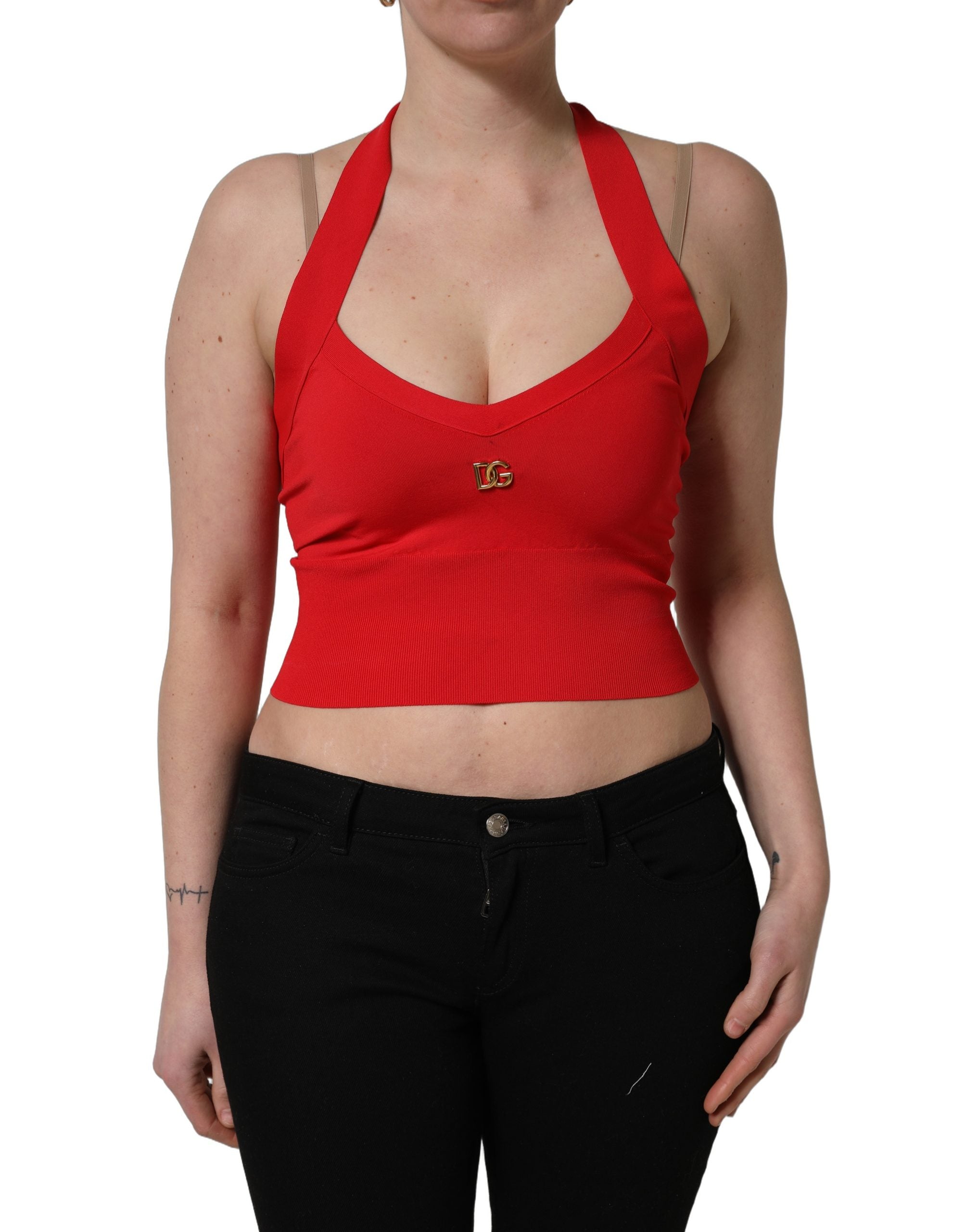 Dolce & Gabbana Red Viscose Sleeveless Halter Crop Tank Women's Top