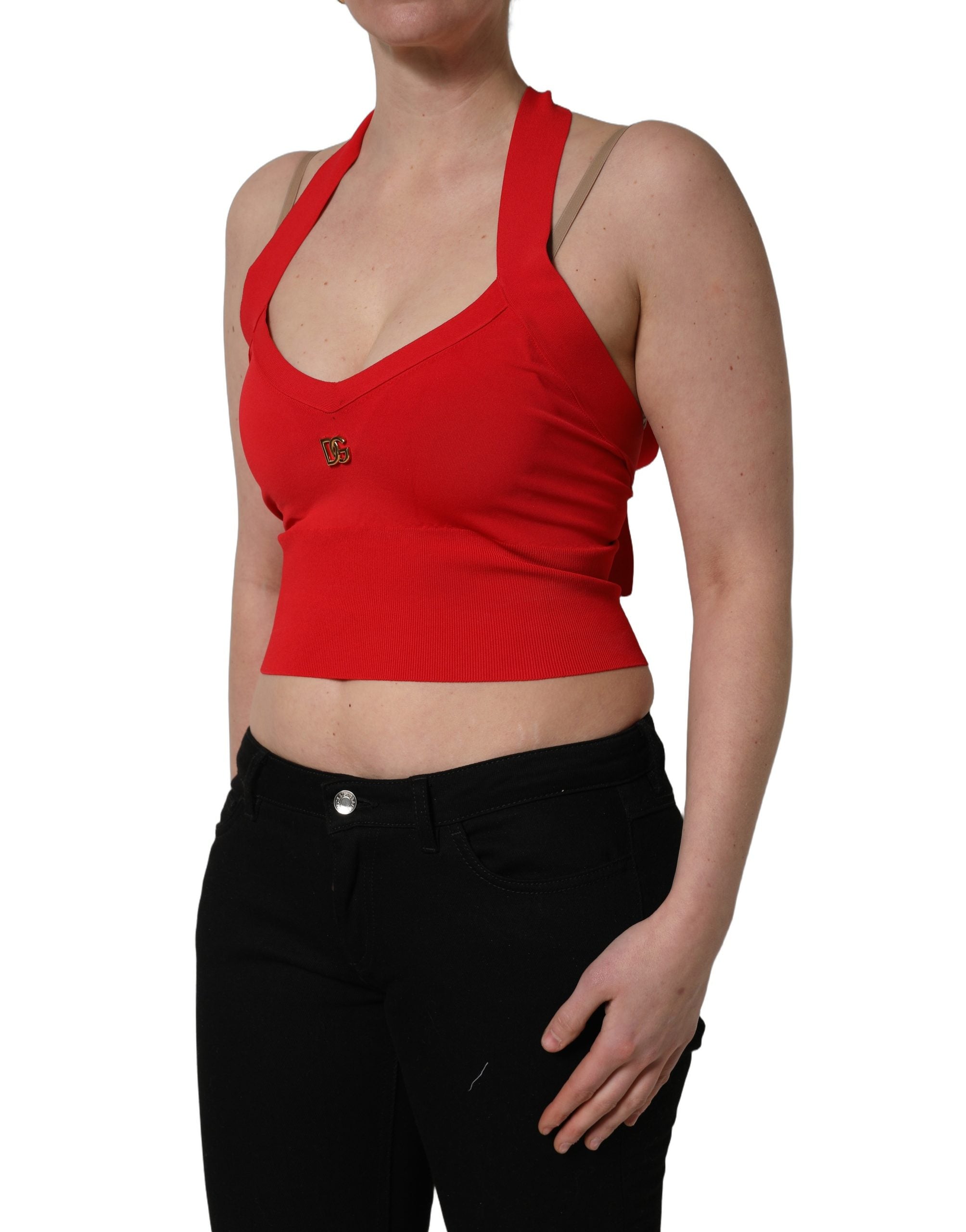 Dolce & Gabbana Red Viscose Sleeveless Halter Crop Tank Women's Top