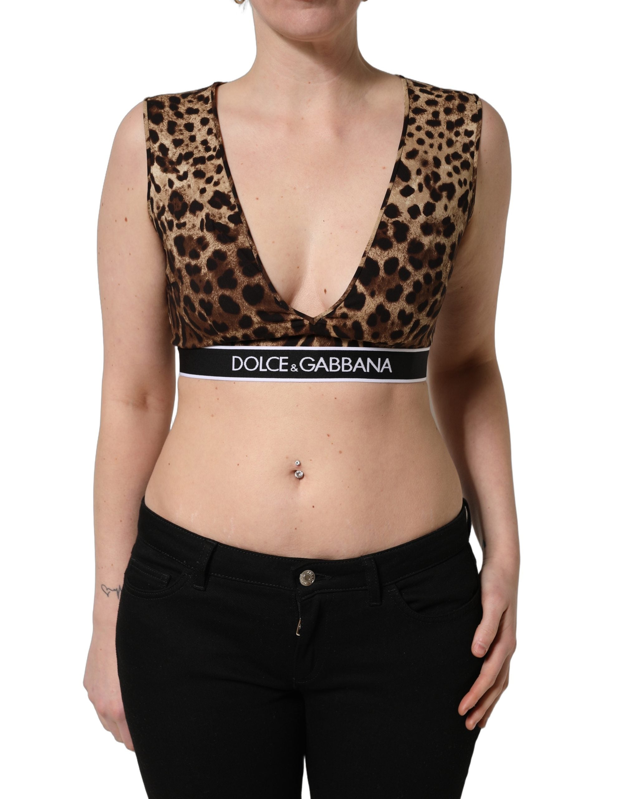 Dolce & Gabbana Brown Leopard Print Cropped Silk Tank Women's Top