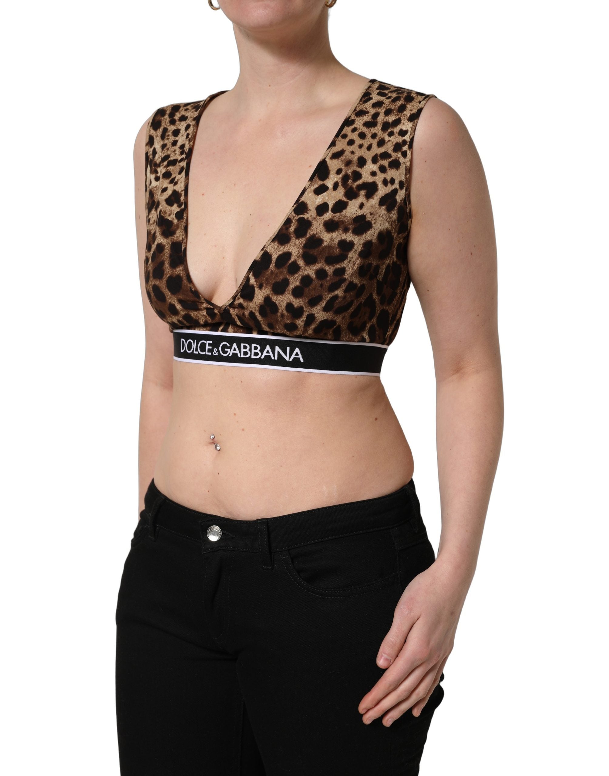 Dolce & Gabbana Brown Leopard Print Cropped Silk Tank Women's Top