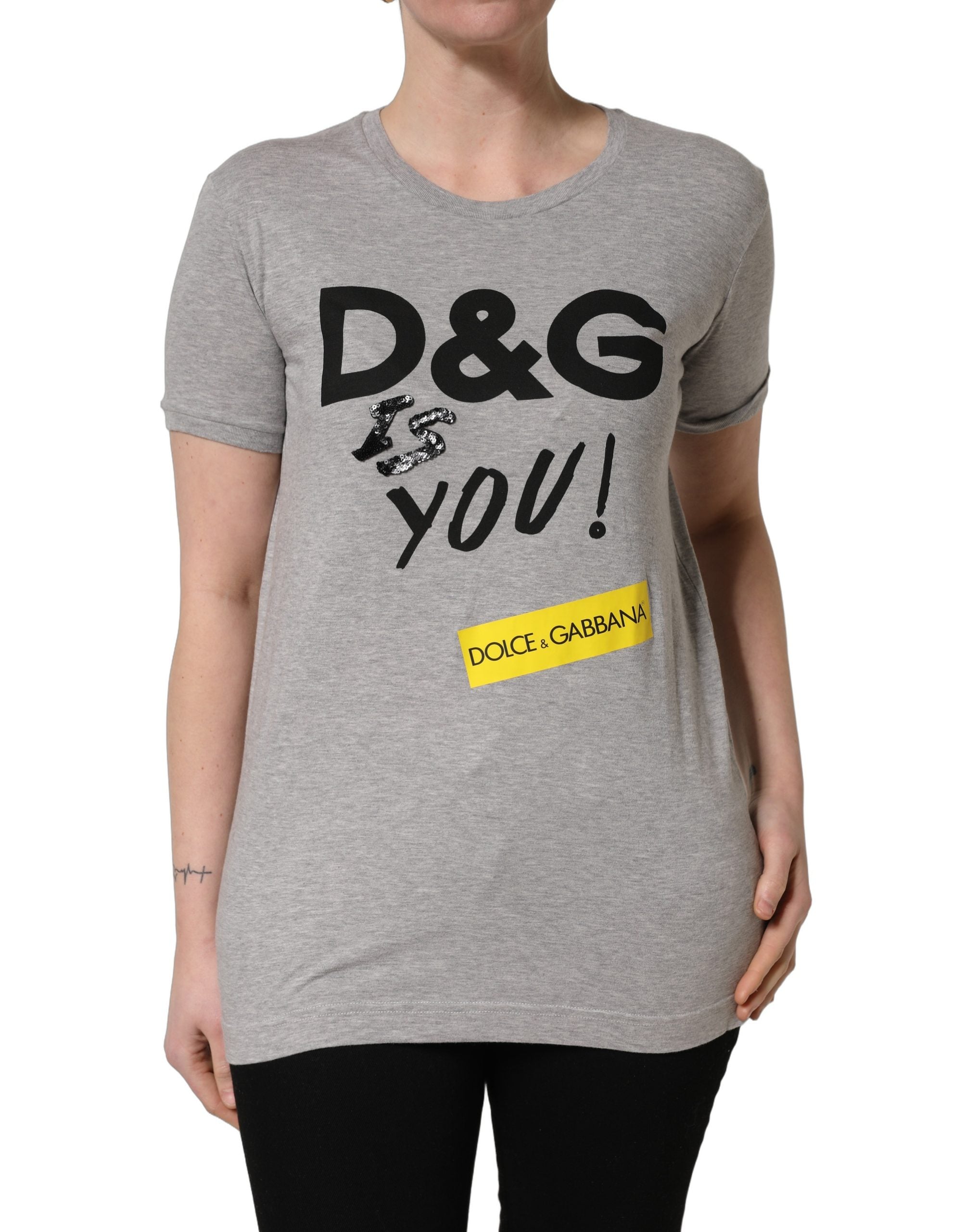 Dolce & Gabbana Gray Cotton Logo Printed Crew Neck Women's T-shirt