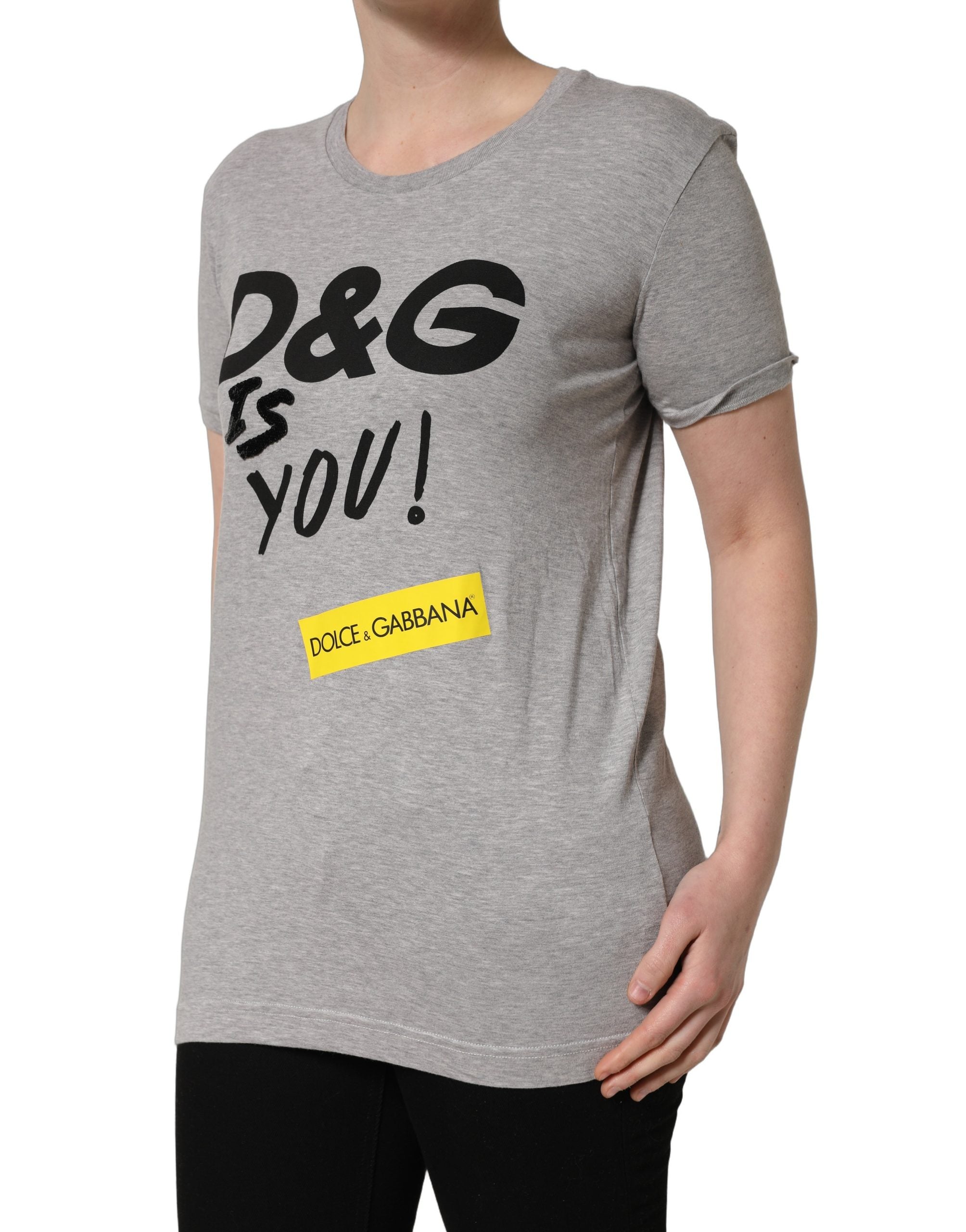 Dolce & Gabbana Gray Cotton Logo Printed Crew Neck Women's T-shirt