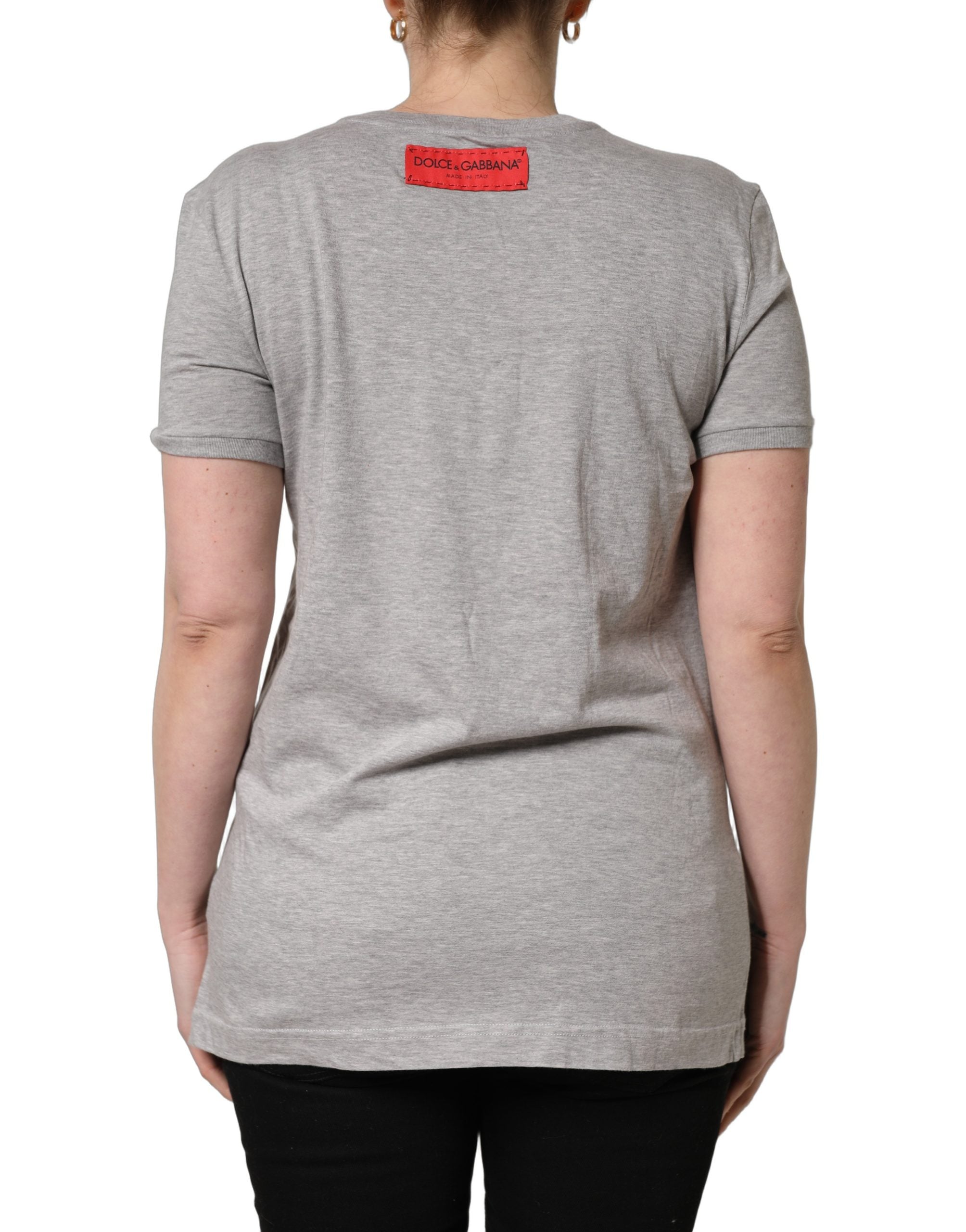 Dolce & Gabbana Gray Cotton Logo Printed Crew Neck Women's T-shirt