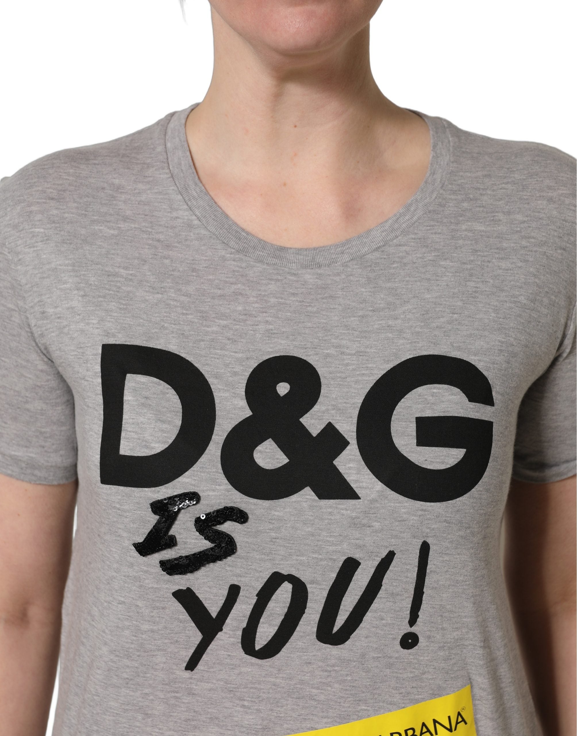 Dolce & Gabbana Gray Cotton Logo Printed Crew Neck Women's T-shirt