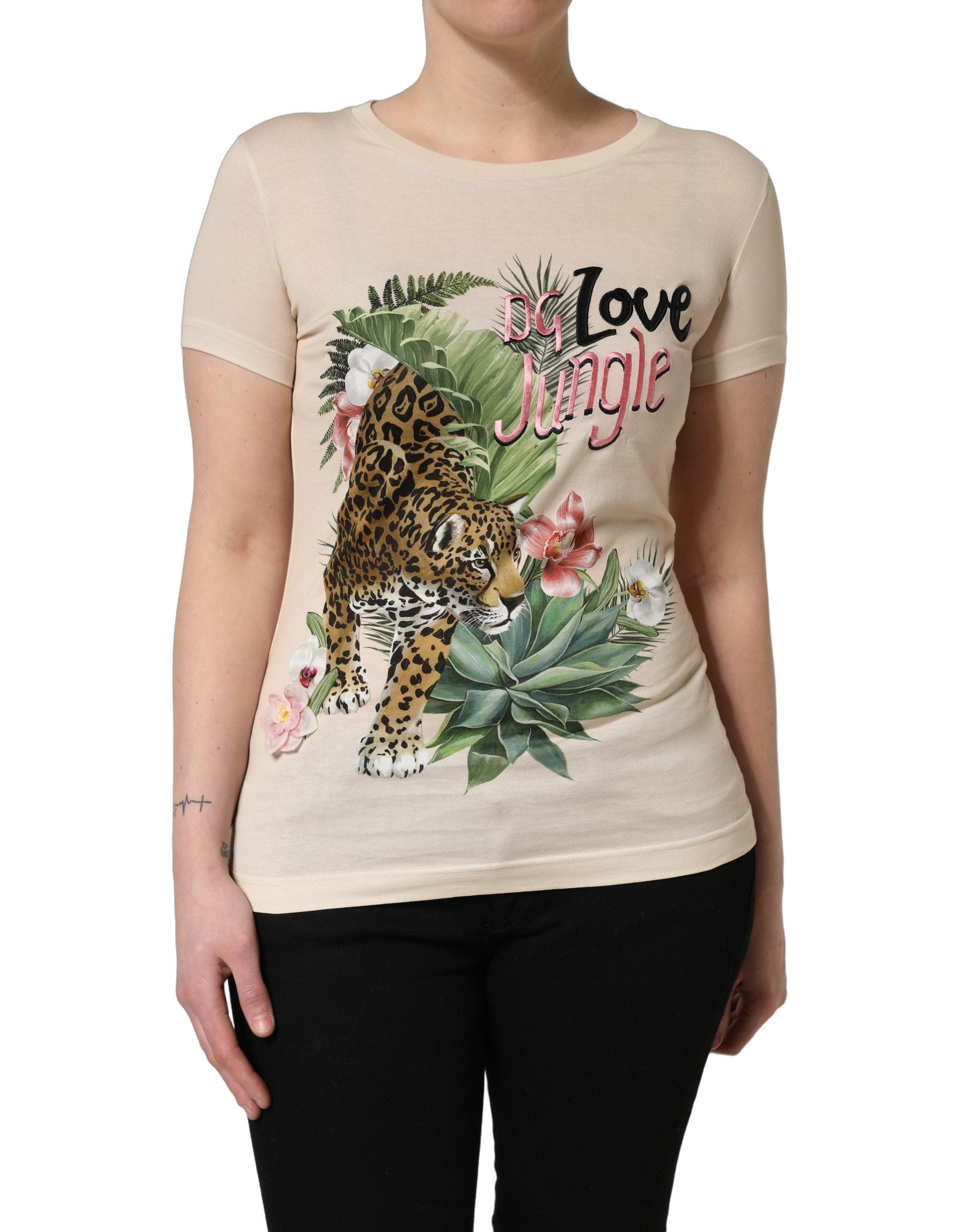 Dolce & Gabbana Beige Jungle Print Cotton Round Neck Women's T-Shirt