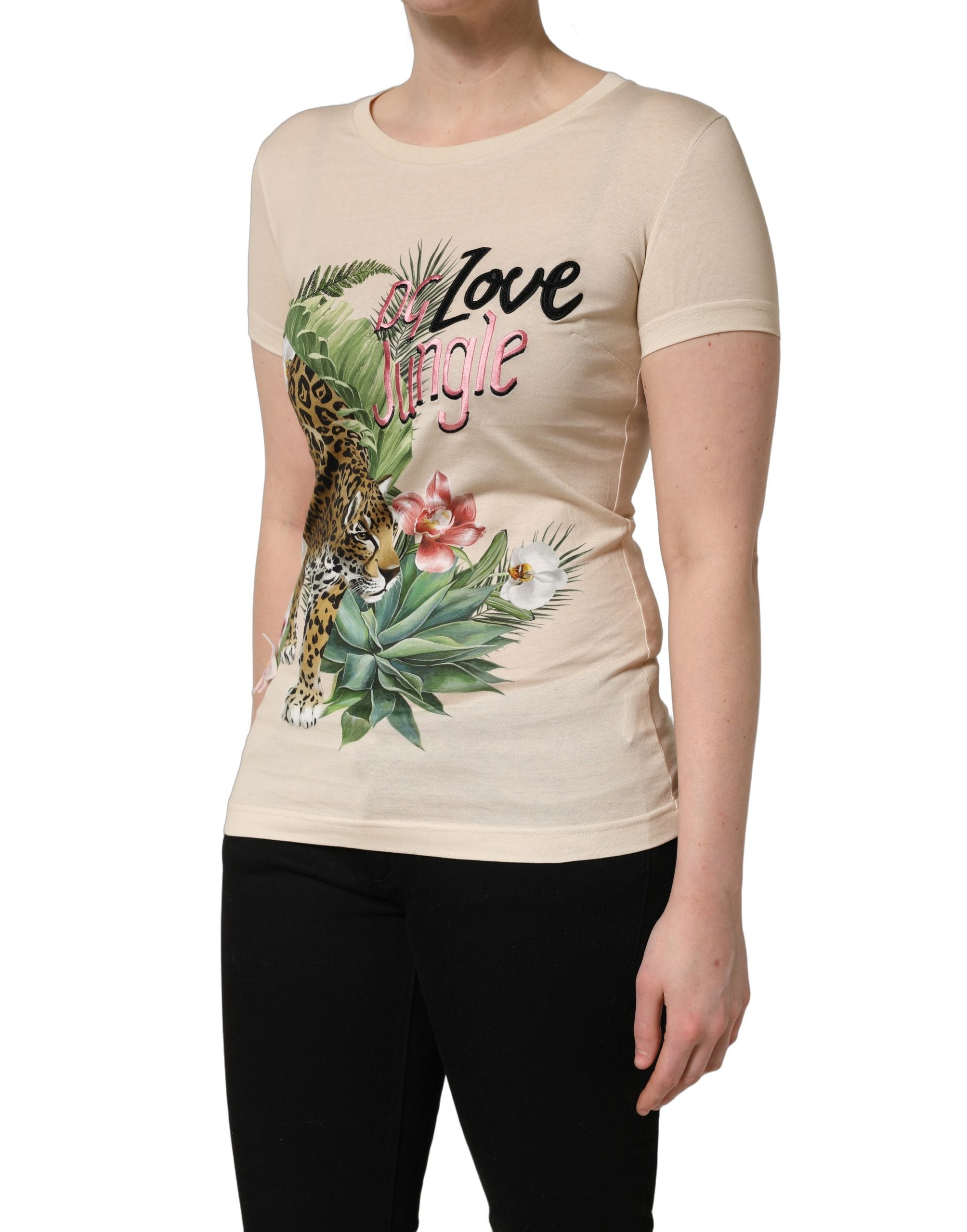 Dolce & Gabbana Beige Jungle Print Cotton Round Neck Women's T-Shirt
