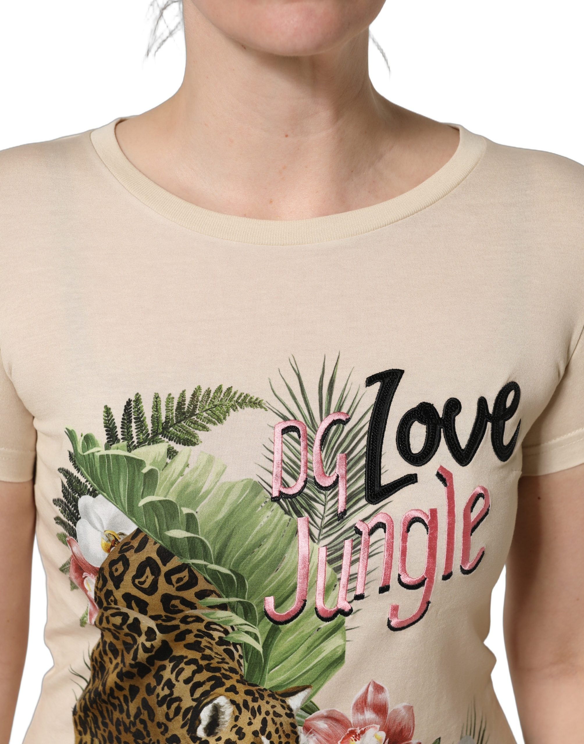 Dolce & Gabbana Beige Jungle Print Cotton Round Neck Women's T-Shirt
