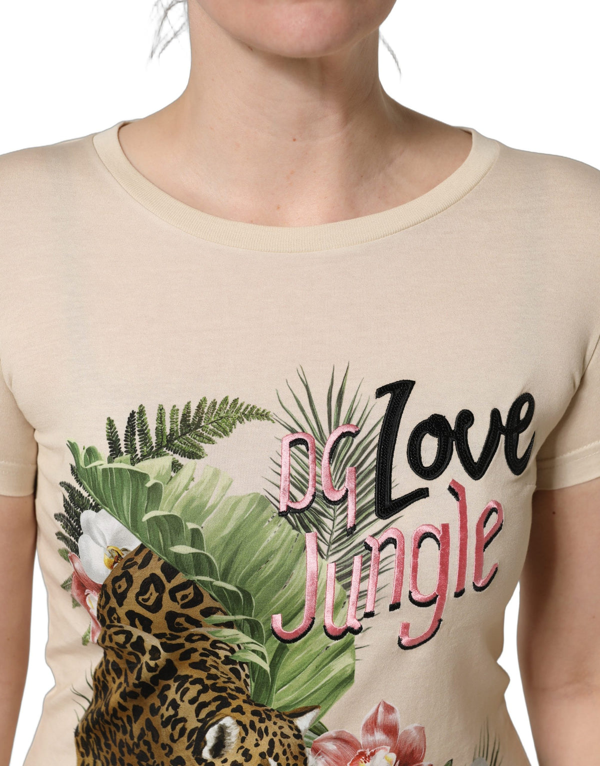 Dolce & Gabbana Beige Jungle Print Cotton Round Neck Women's T-Shirt