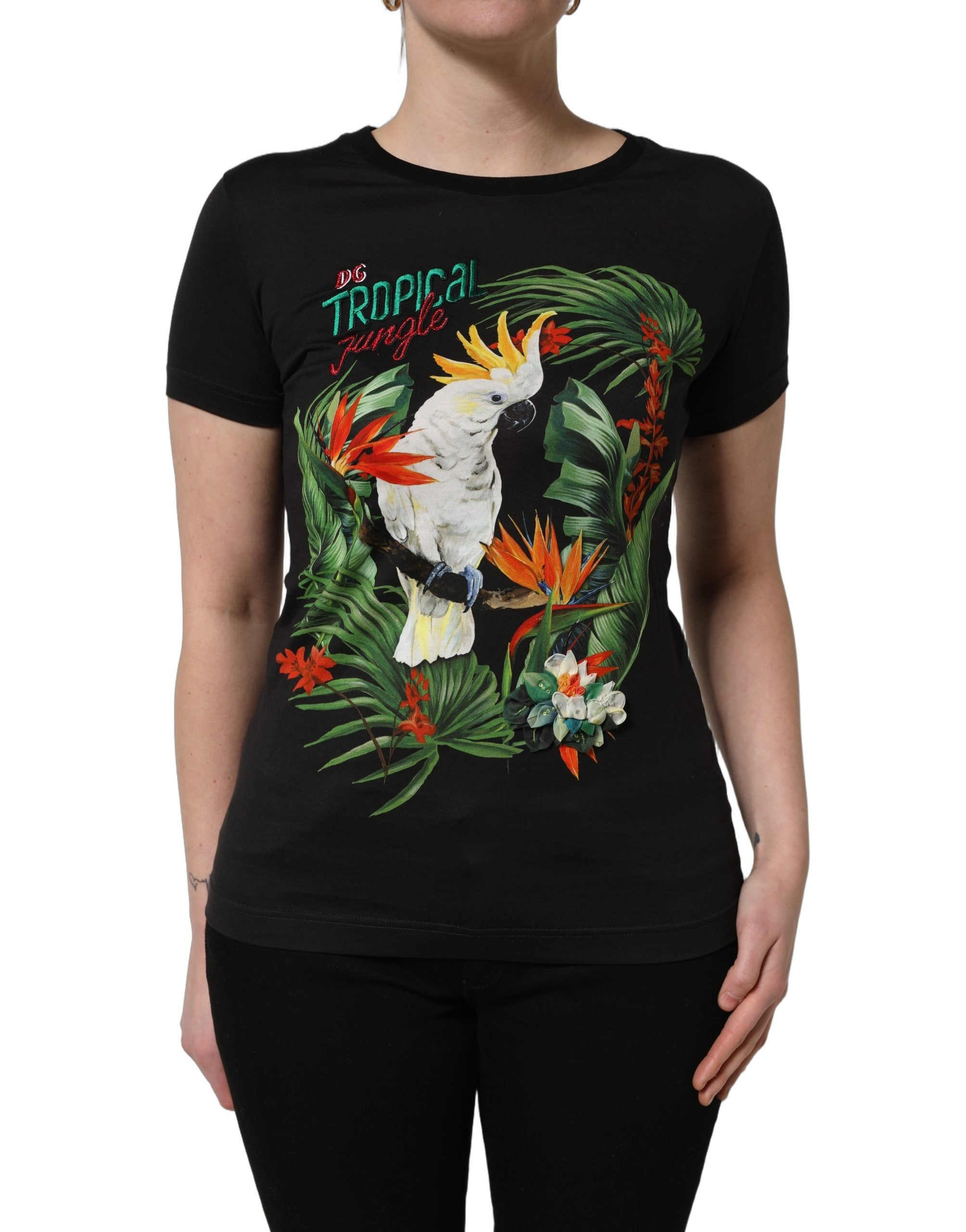 Dolce & Gabbana Black Tropical Print Cotton Round Neck Women's T-Shirt