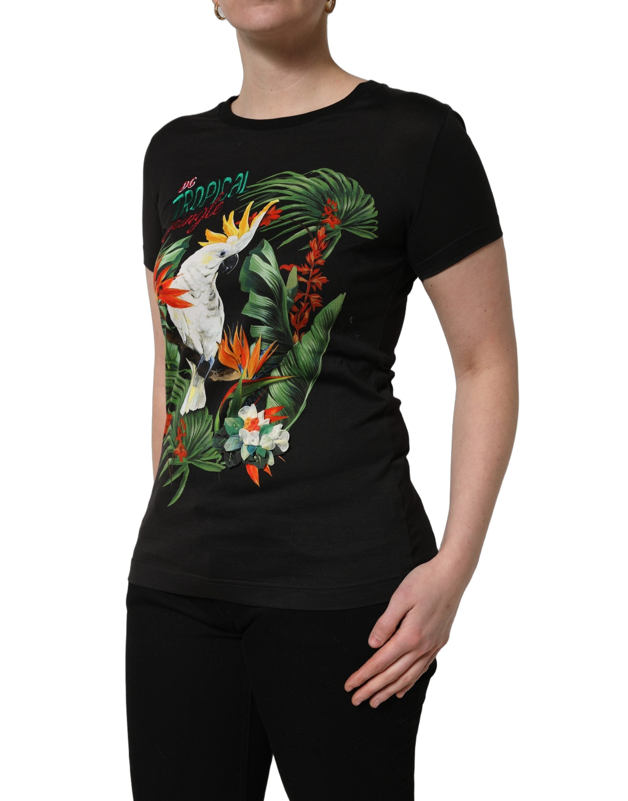 Dolce & Gabbana Black Tropical Print Cotton Round Neck Women's T-Shirt