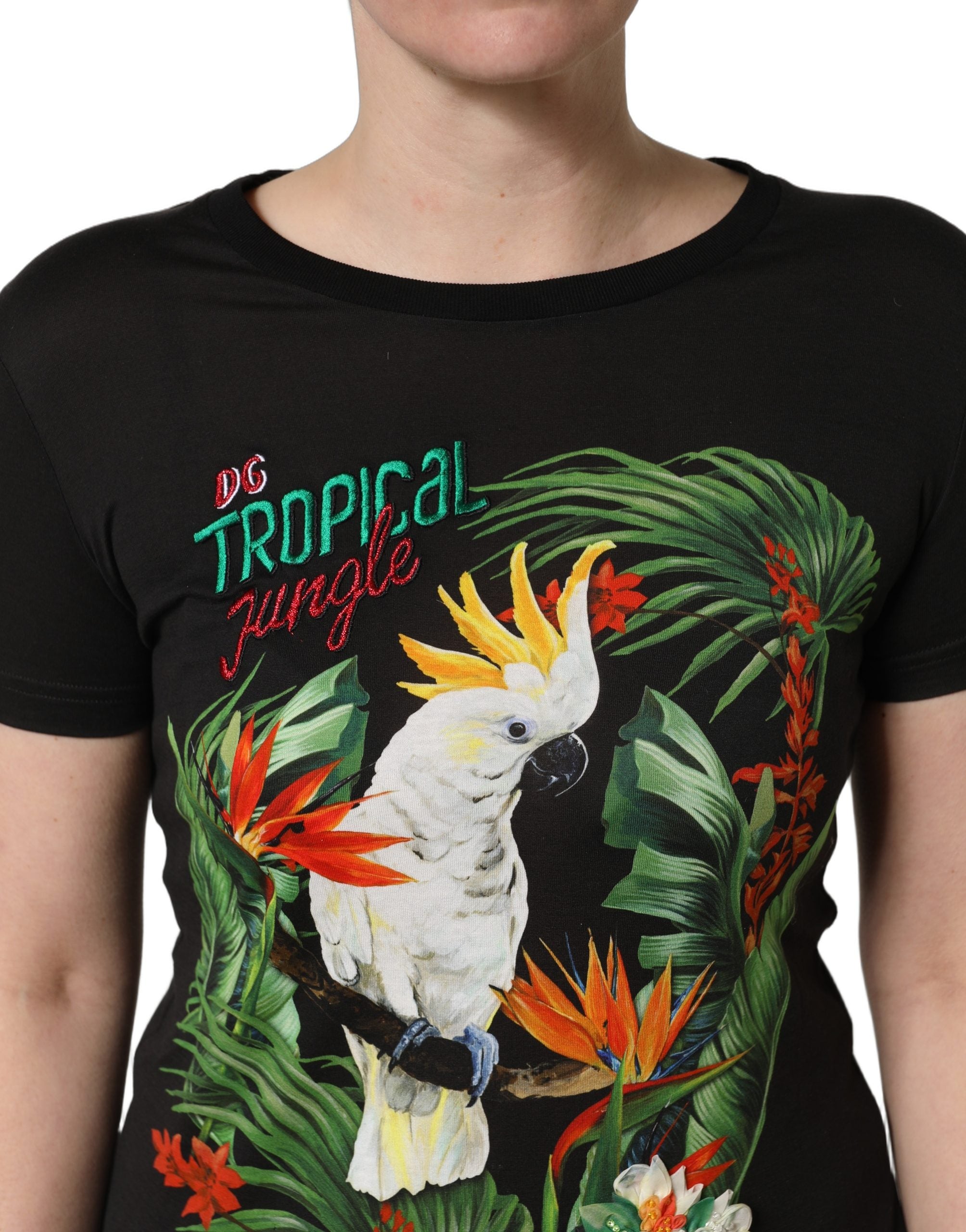 Dolce & Gabbana Black Tropical Print Cotton Round Neck Women's T-Shirt