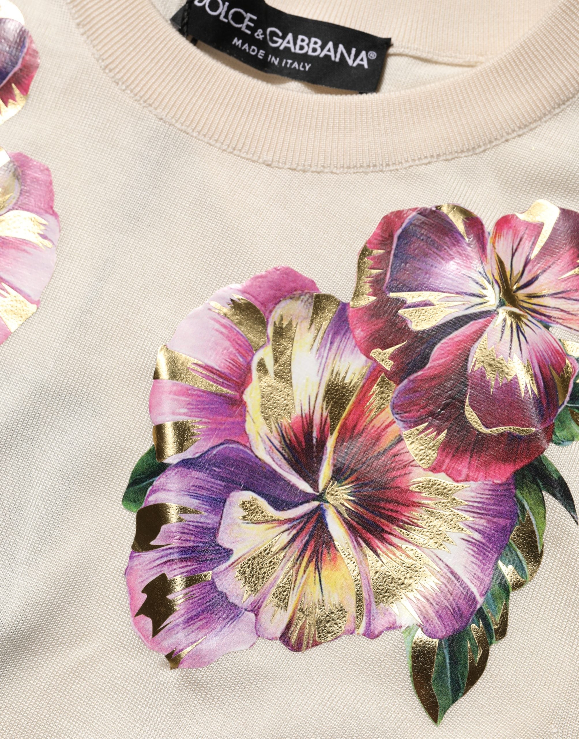 Dolce & Gabbana Beige Floral Print Silk CrewNeck Pullover Women's Top (Pre-Owned)