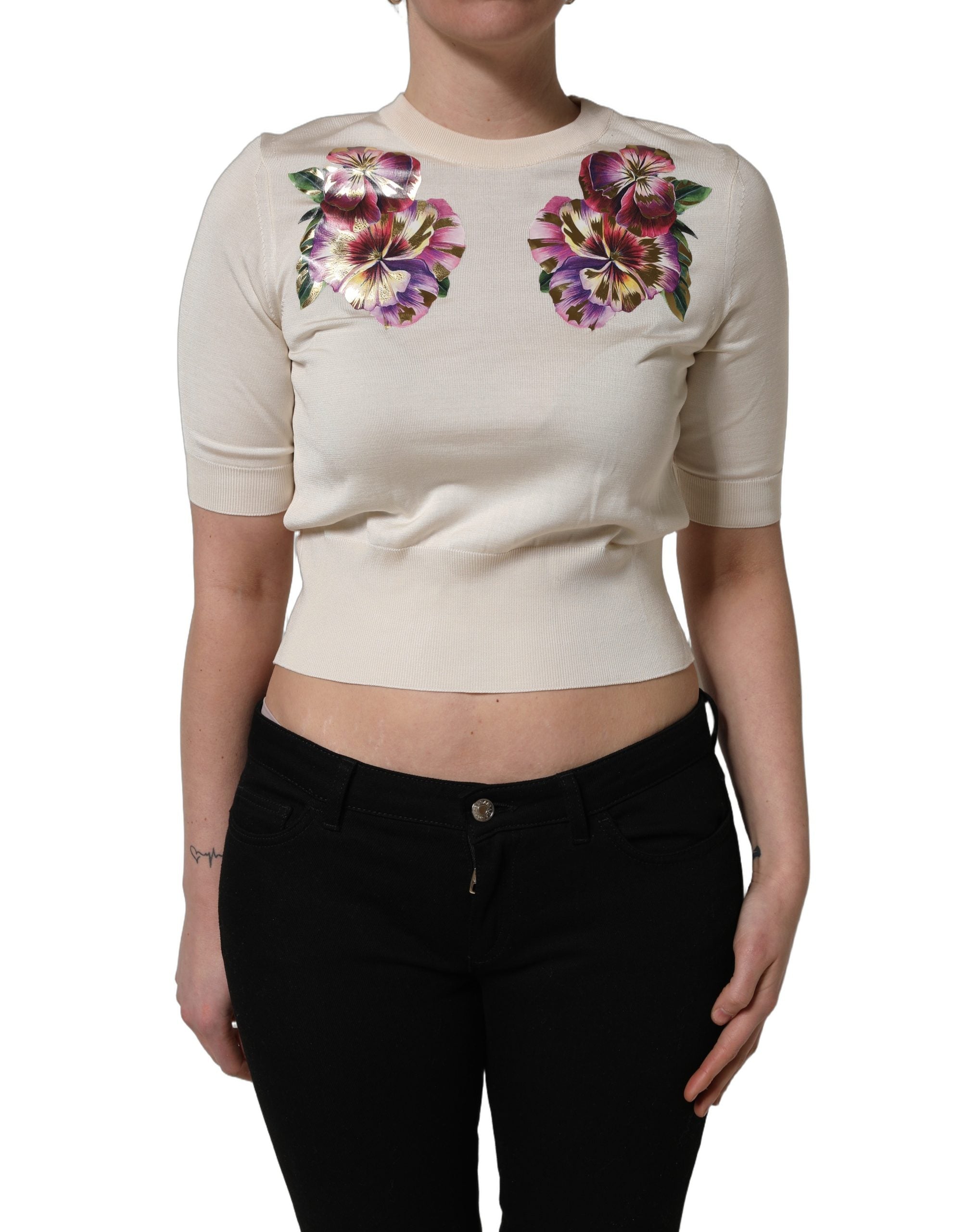 Dolce & Gabbana Beige Floral Print Silk CrewNeck Pullover Women's Top (Pre-Owned)