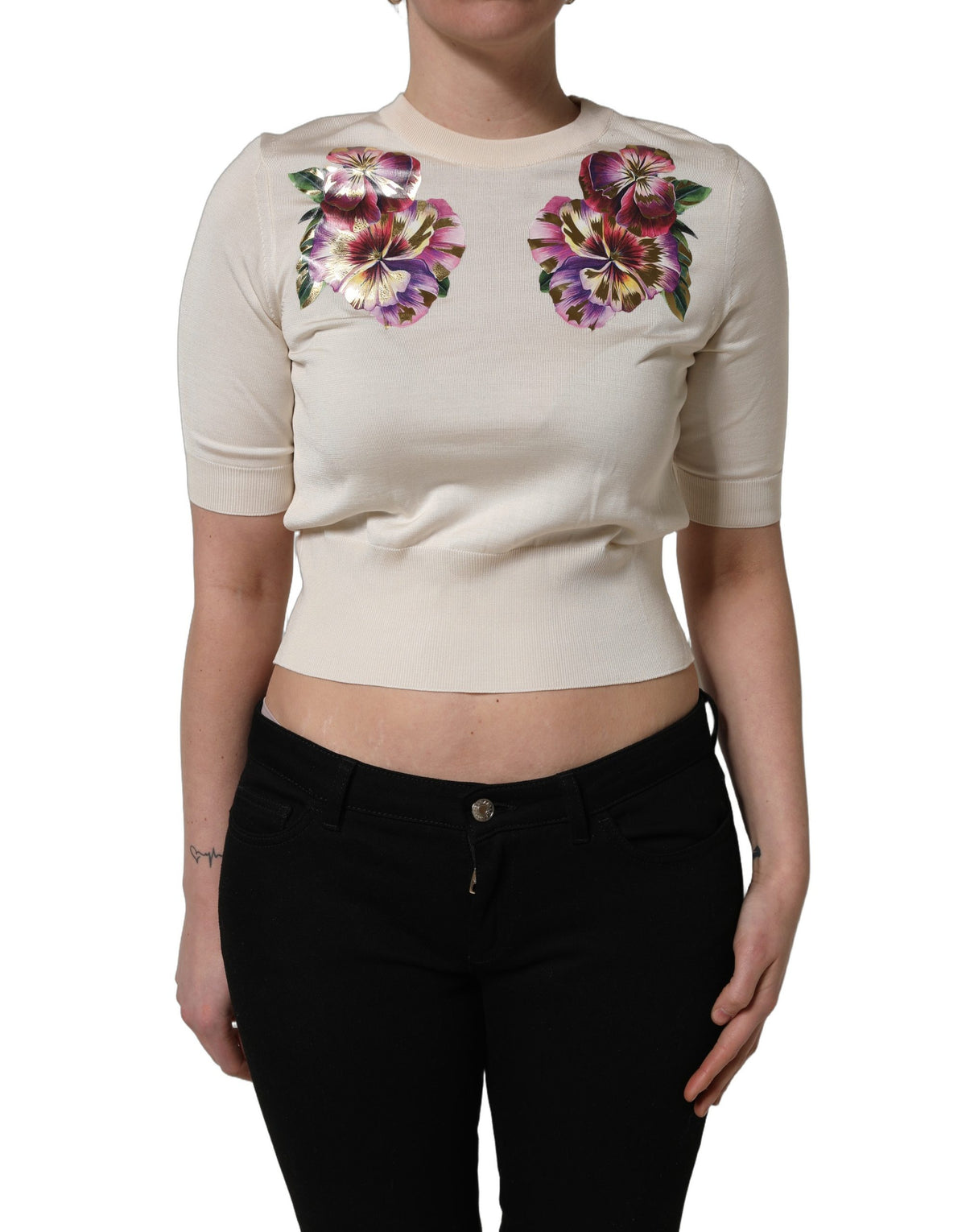 Dolce & Gabbana Beige Floral Print Silk CrewNeck Pullover Women's Top (Pre-Owned)